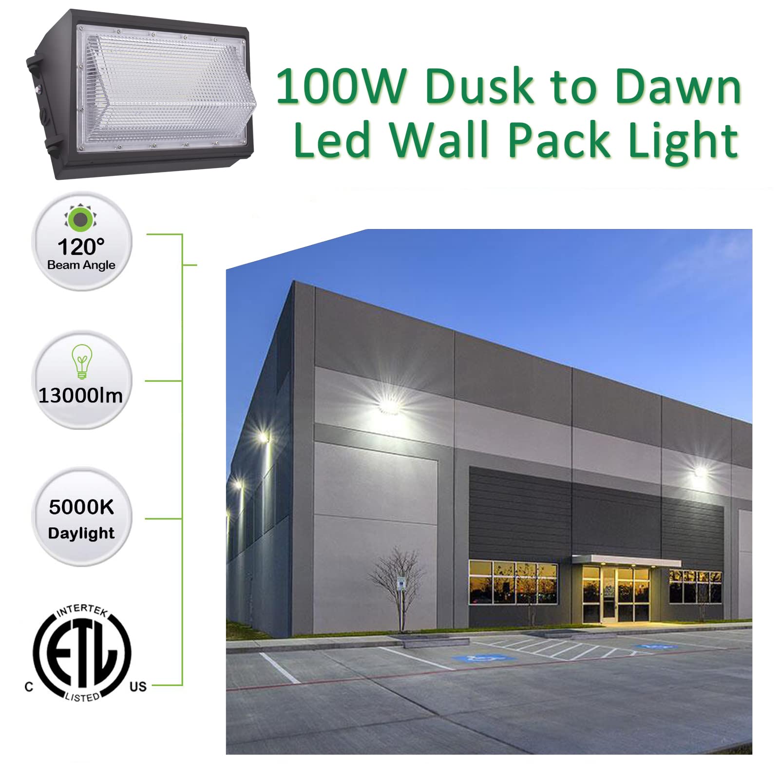 Led Wall Pack Light With Dusk To Dawn Photocell,100W 13000Lm 5000K Daylight ,Ac100-277V Input,500W Hps/Hid Equivalent, Waterproof Commercial Security Lighting For Warehouses, Garage,Etl Listed