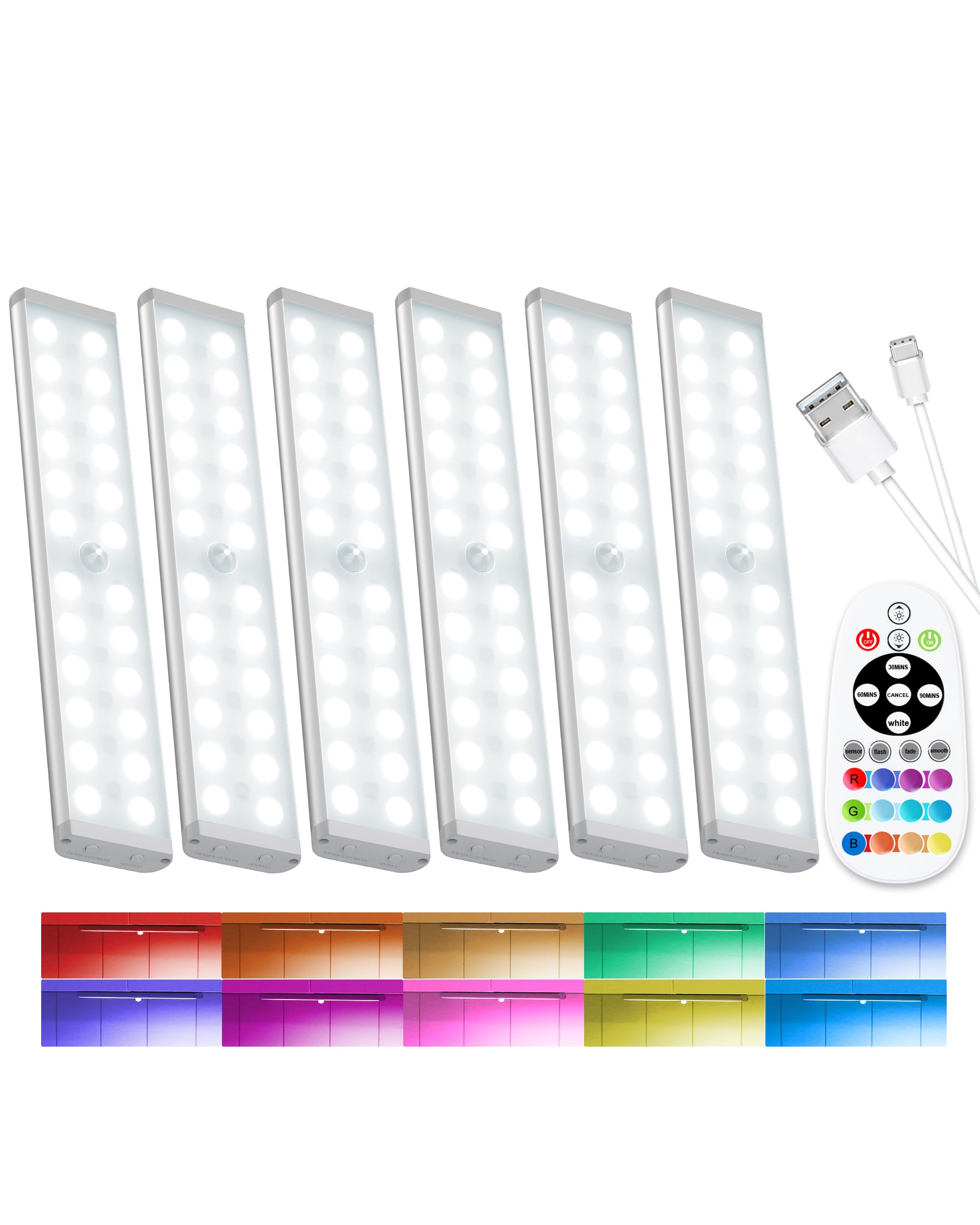 SZOKLED 58-LED Motion Sensor Under Cabinet Lights Wireless, RGB Closet Light Night Lights Remote, 1100mAh Rechargeable Under Cab