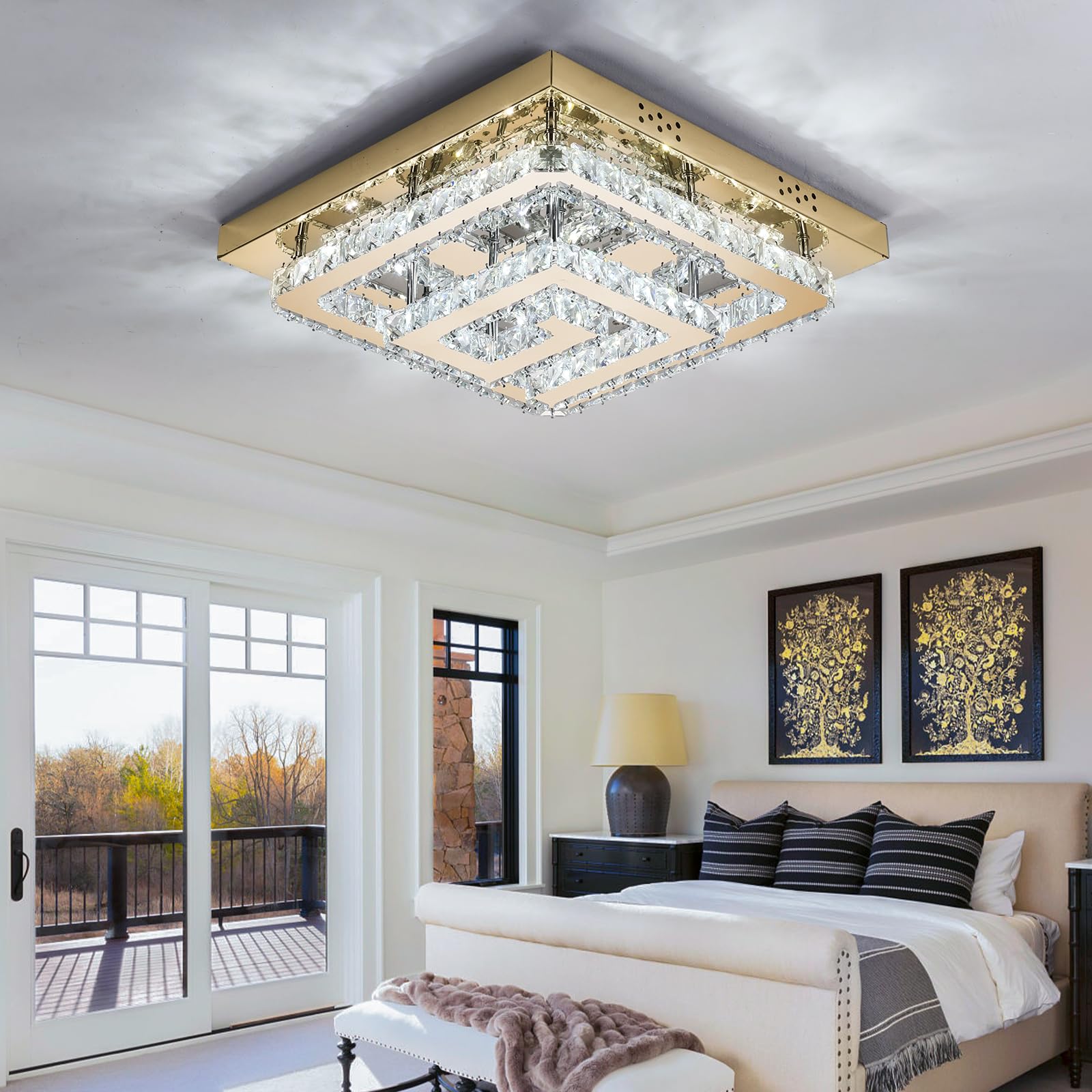 18'' Crystal Gold Chandelier With Remote Control, 3 Color Temperature Light Fixture & Brightness Adjustable, Modern Flush Mount