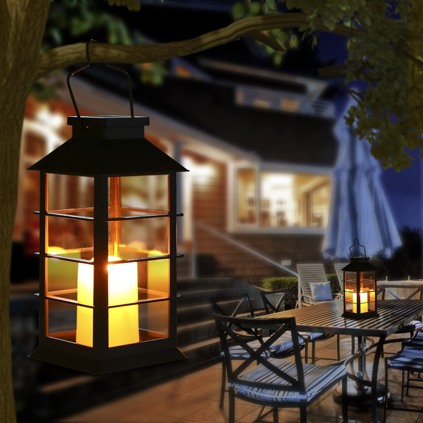 Tomshine LED Solar Lanterns - Waterproof Flickering Flame Candle Lights for Outdoor, Black, 2 Pack, Model LT102