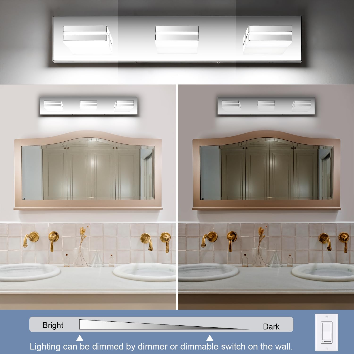 SineRise 3-Light LED Bathroom Vanity Light Fixture, Dimmable, 24-Inch, Chrome Acrylic, Model H0001-18