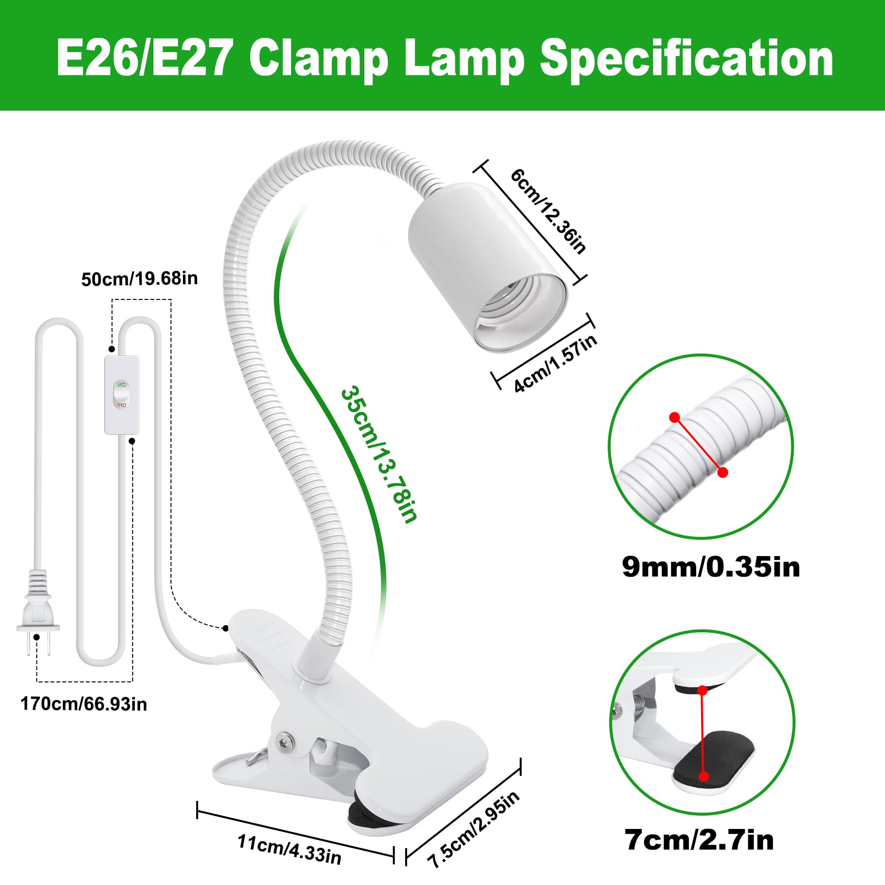 Puanticn Clip on Desk Lamp with 220 CM Cable, E27 Holder, Gooseneck, White, Model PTT.319 for Home Office