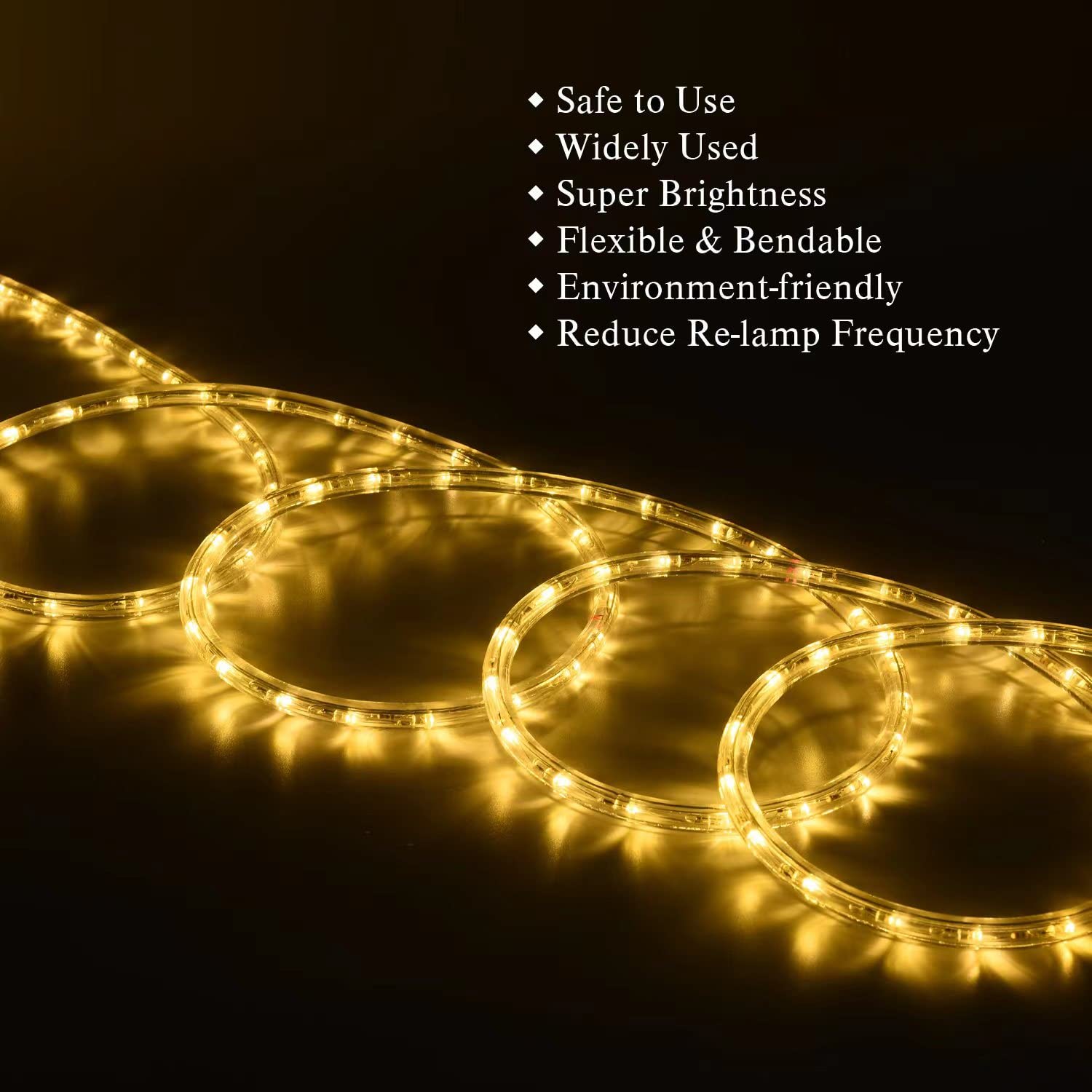 JUNWEN LED Rope Lights 40ft Waterproof Warm White Flexible Lighting for Outdoor Indoor Decoration