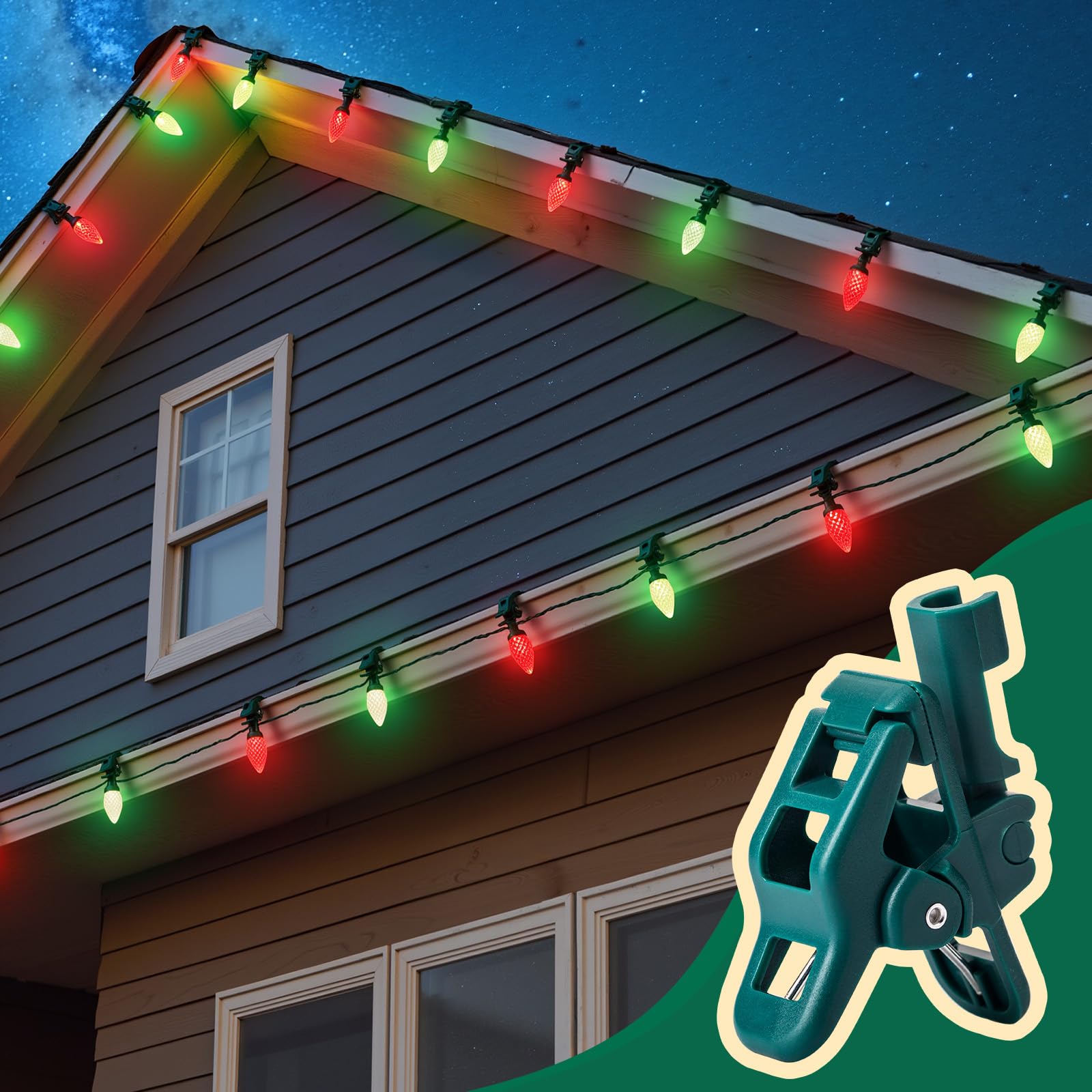 C9 Led Christmas Lights Outdoor With 110 Spring Clips  81Ft 110 Led C9 String Lights Waterproof Connectable For Roofline Patio House Yard Windows Xmas Tree Indoor Outdoor Christmas Decor  Red Green