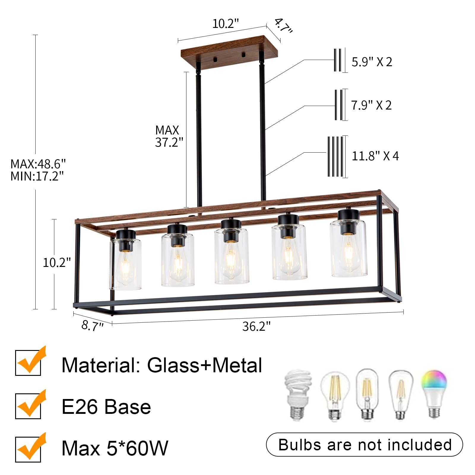 Hccz 5-Light Black Wood Farmhouse Chandelier - Adjustable Height Modern Industrial Pendant Light