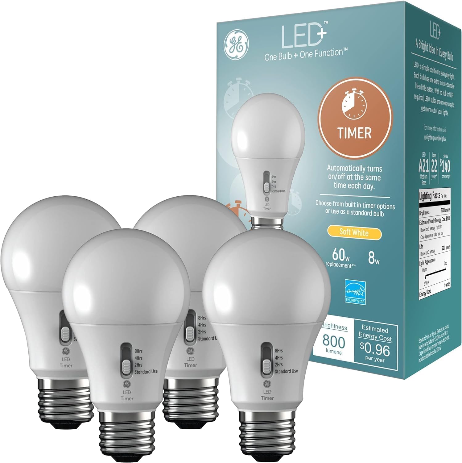 Ge Led+ Timer A19 Led Light Bulbs, Built-In Automatic Indoor Timer Light, 8W, Soft White (4 Pack)