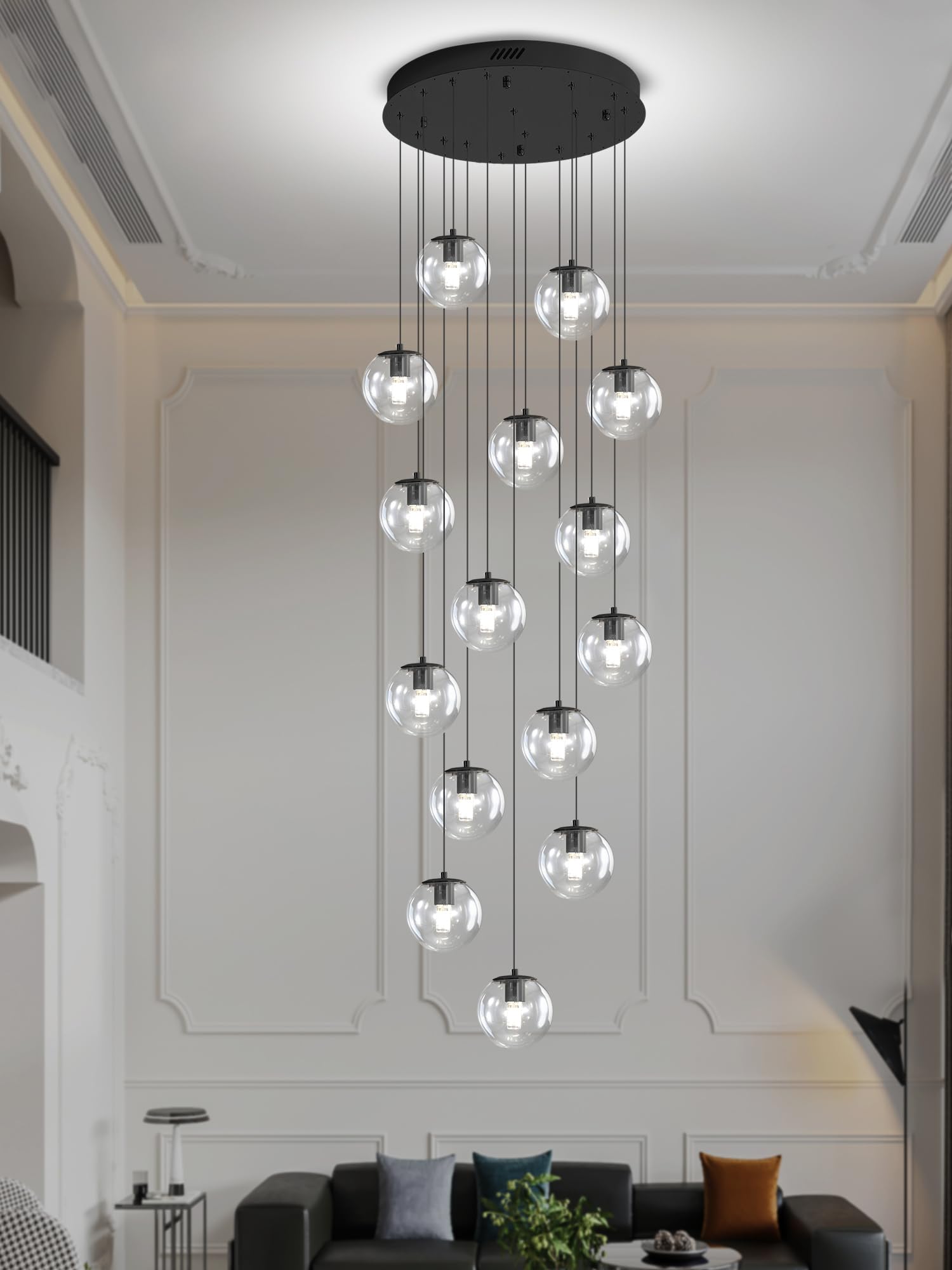 ykolupty 15-Light Black Chandelier with Globe Glass Dimmable Ceiling Light Glass Pendant Light for Kitchen Island, Dining Room, 