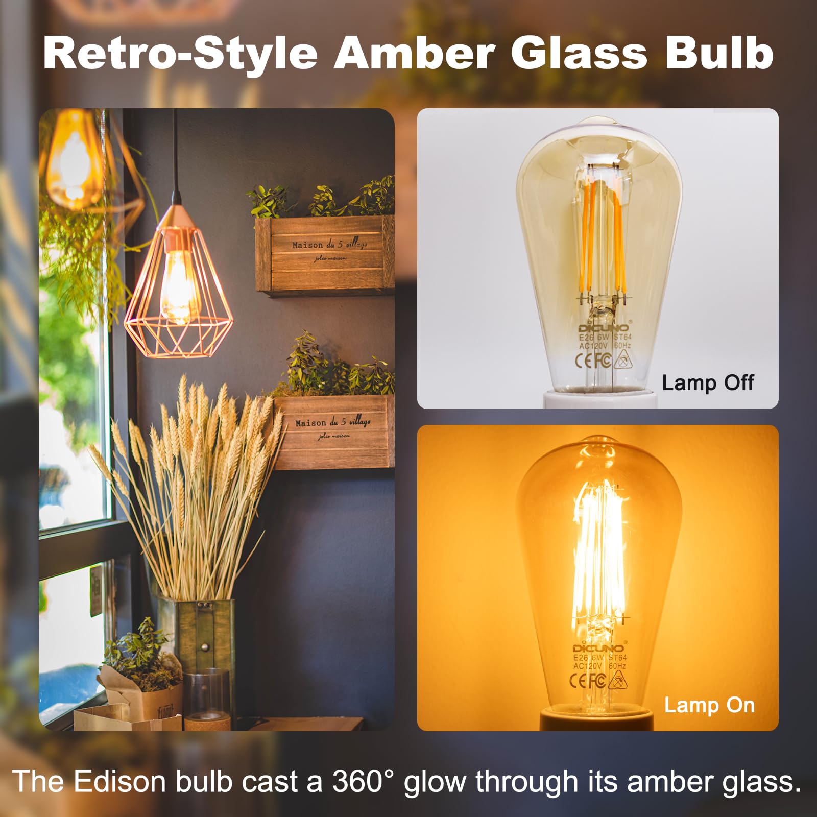 DiCUNO E26 Edison Bulbs 6W LED ST64 Amber Glass 2200K Warm 600LM Pack of 10
