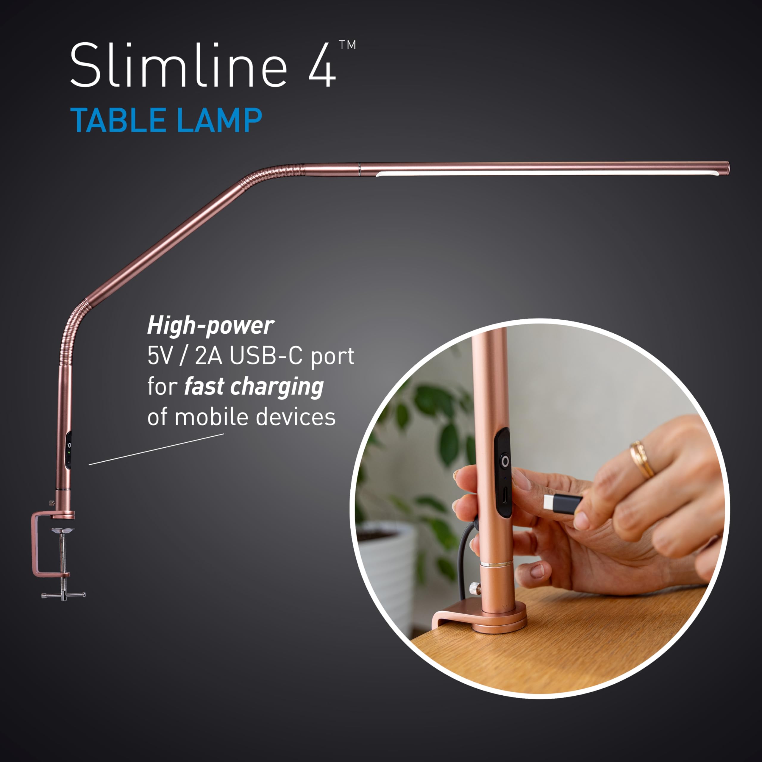 daylight Slimline 4™ LED Table Lamp - Rose Gold, 6,000K, 3,200 Lux, USB-C, Anti-Glare, 4 Brightness Levels, Model