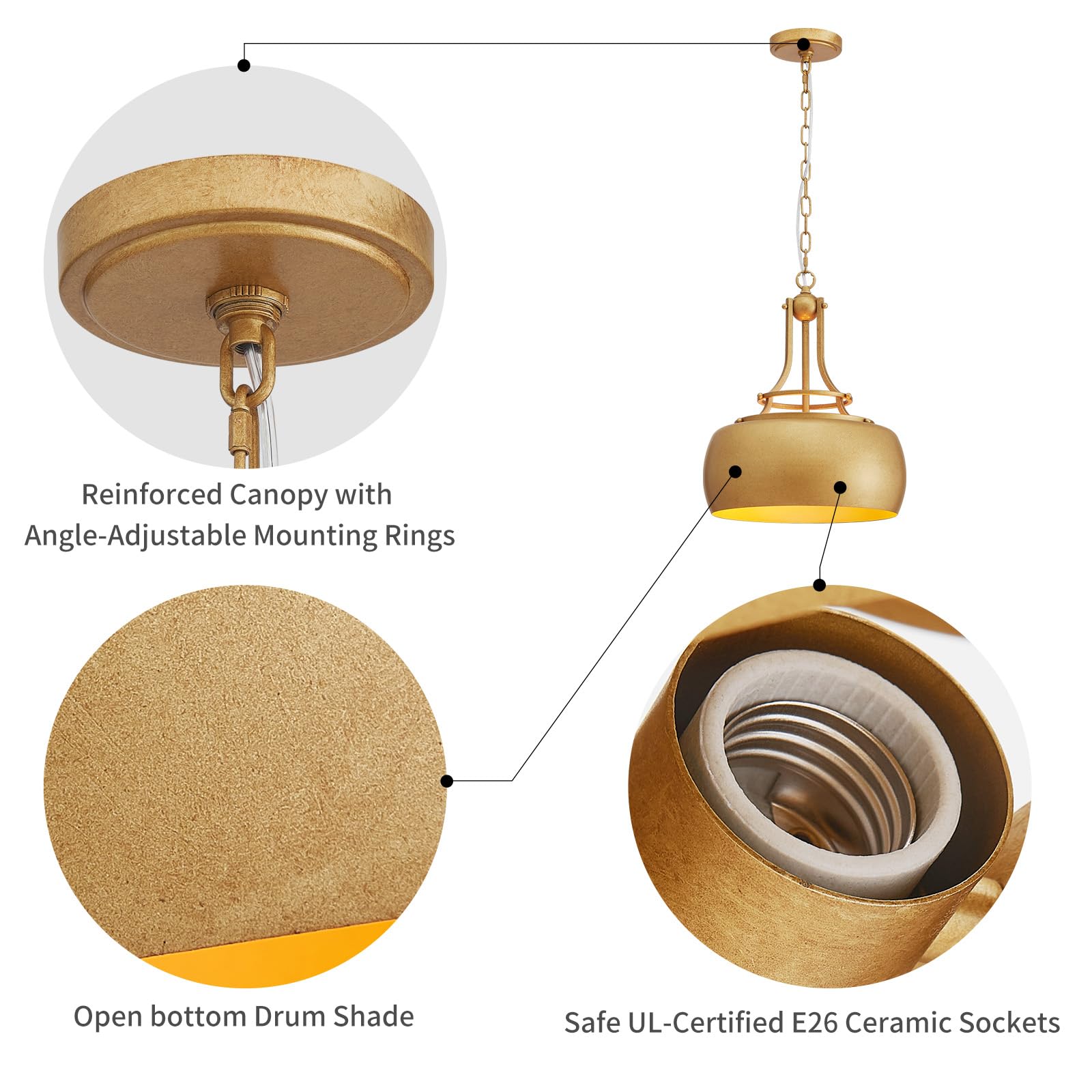 WUZUPS Antique Gold Round Pendant Light Fixture, 15.7" H x 13.4" W, Rustic Industrial Design, Metal Chandelier, Model USHD9607-3-M-A