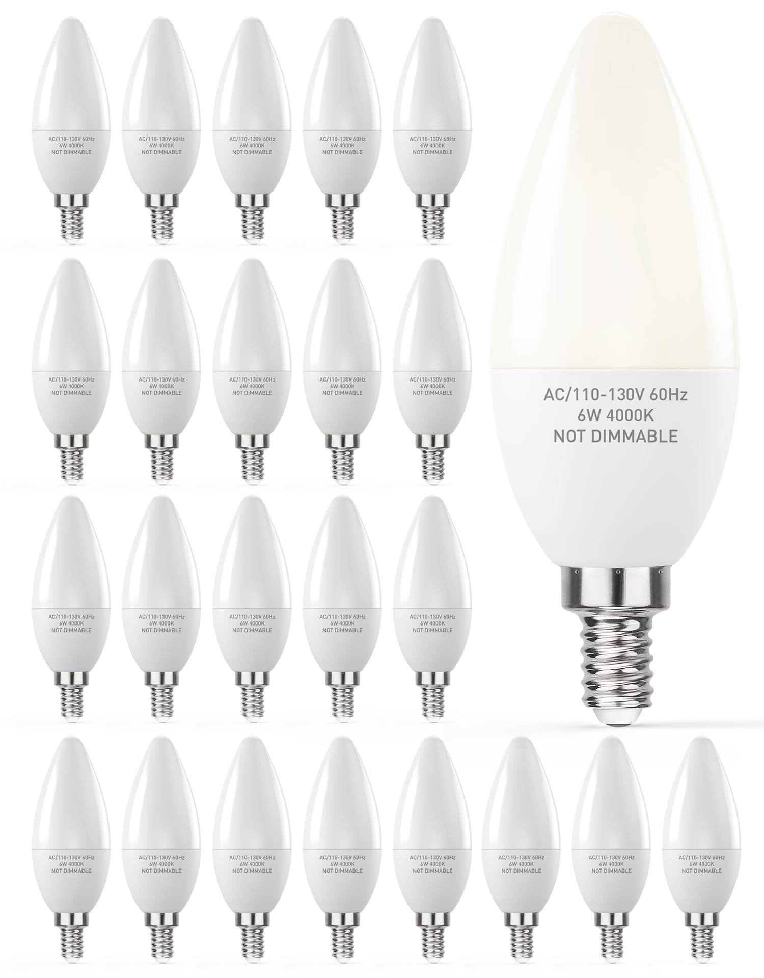 PARTPHONER E12 LED Light Bulbs B11 60W Equivalent 6W Non-Dimmable 600 Lumen Pack of 24 4000K Neutral White