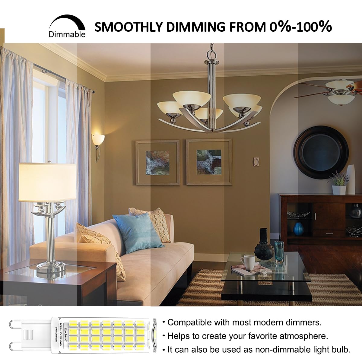 Eco.Luma G9 LED Bulb, 6W 540 Lumens, 6000K Daylight White, Dimmable, G9 Bi-Pin Base, 6 Count, Ceramic