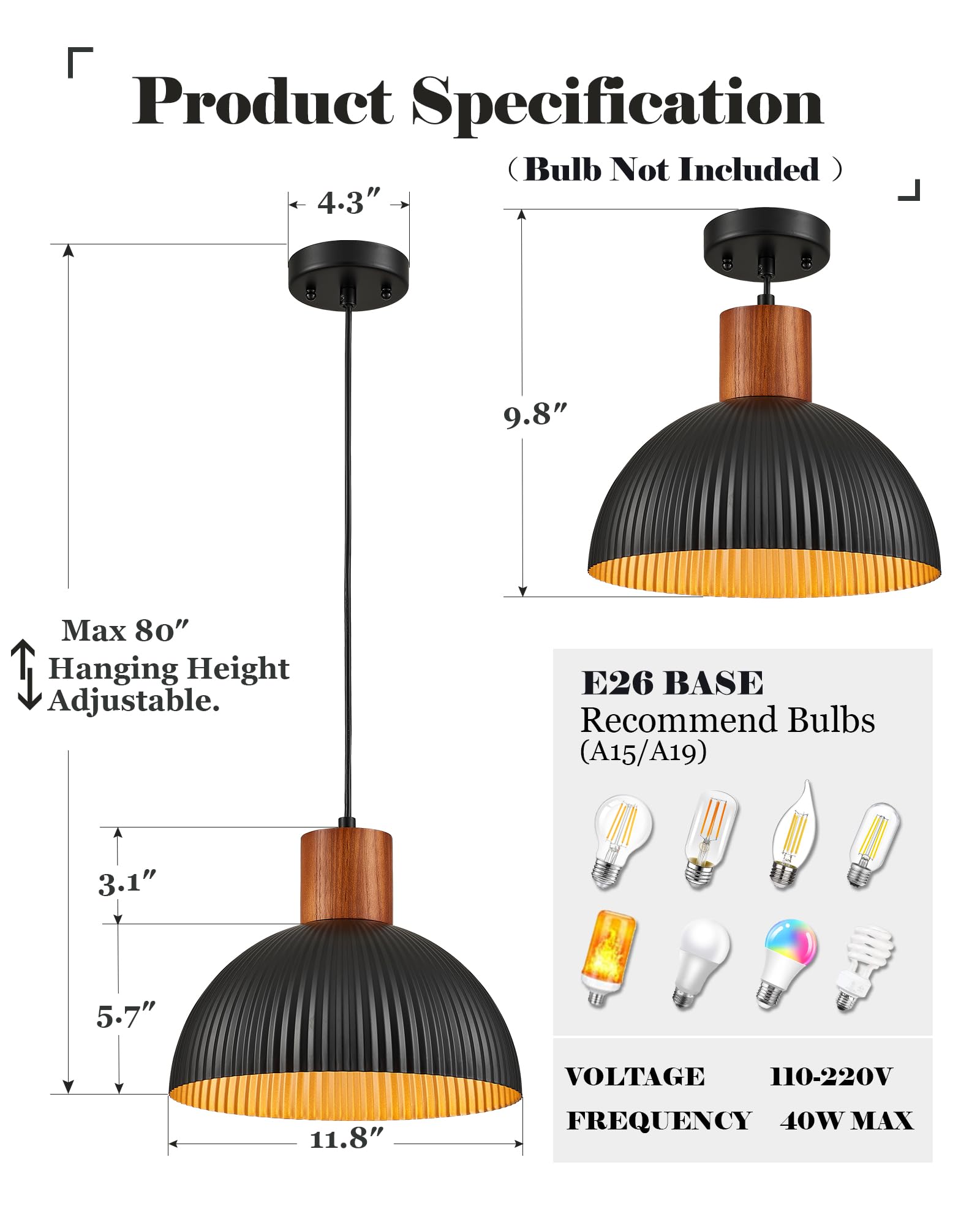 ELYONA 12" Modern Ash Wood Dome Pendant Light, Black Metal Shade & Gold Inner Finish, Retro Style for Kitchen, Dining, Living Room