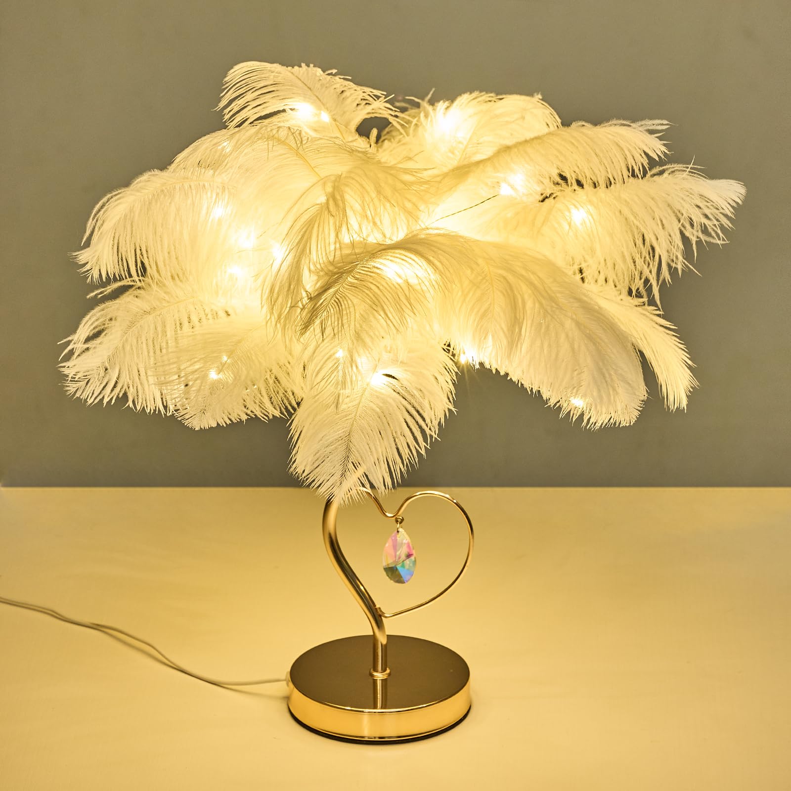 ZYLEISENBAO White Ostrich Feather Lamp Princess Fluffy Bedside Lamp Romantic Feather Table Lamp Nightstand Light for Girl Bedroom Wedding Decor Valentine Dating Living Room Hotel Office