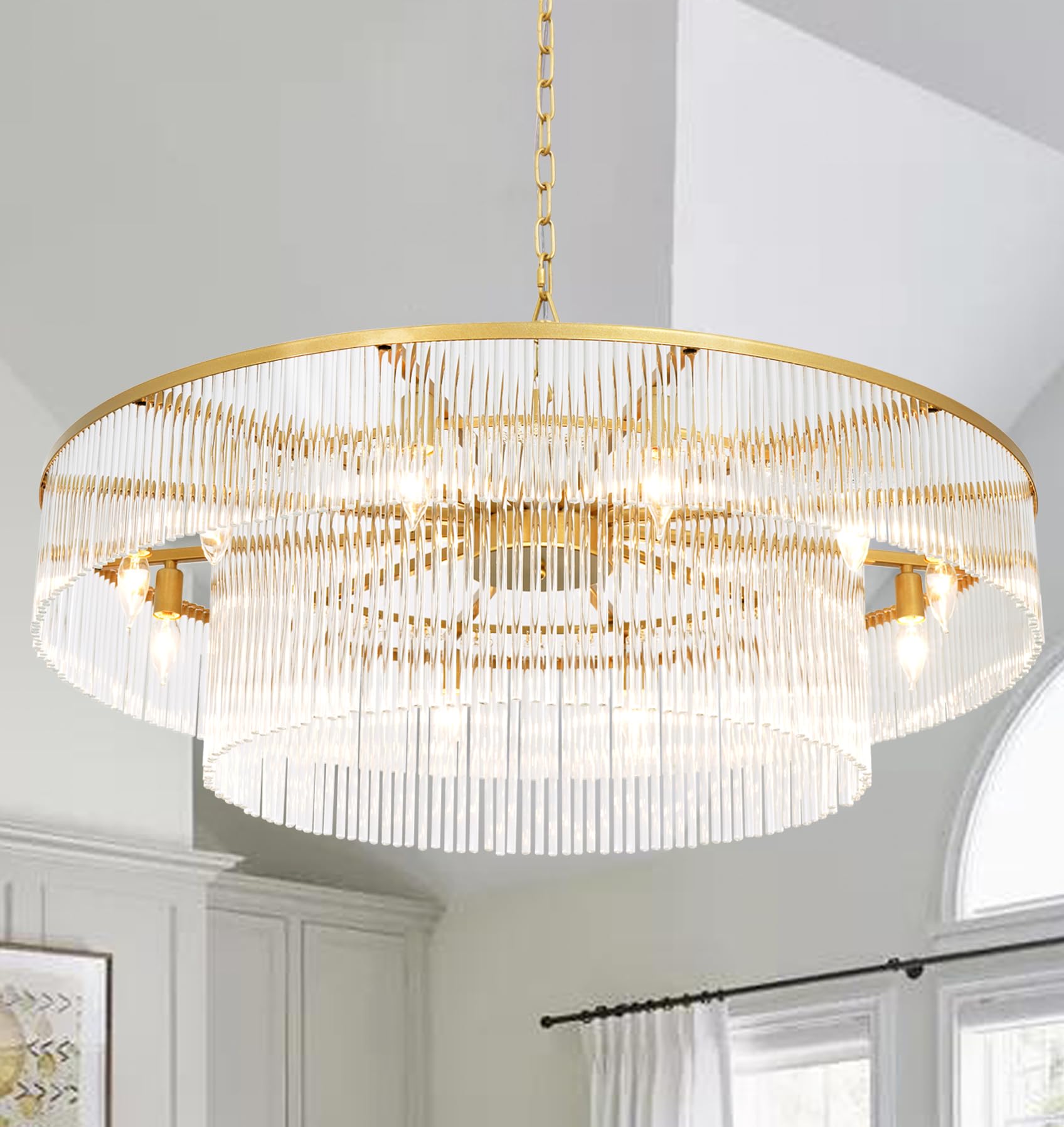 Akeelighting Modern Glass Chandelier Gold Chandeliers For High Ceiling Foyer Entryway Hanging Large Light Fixture For Grand Livi