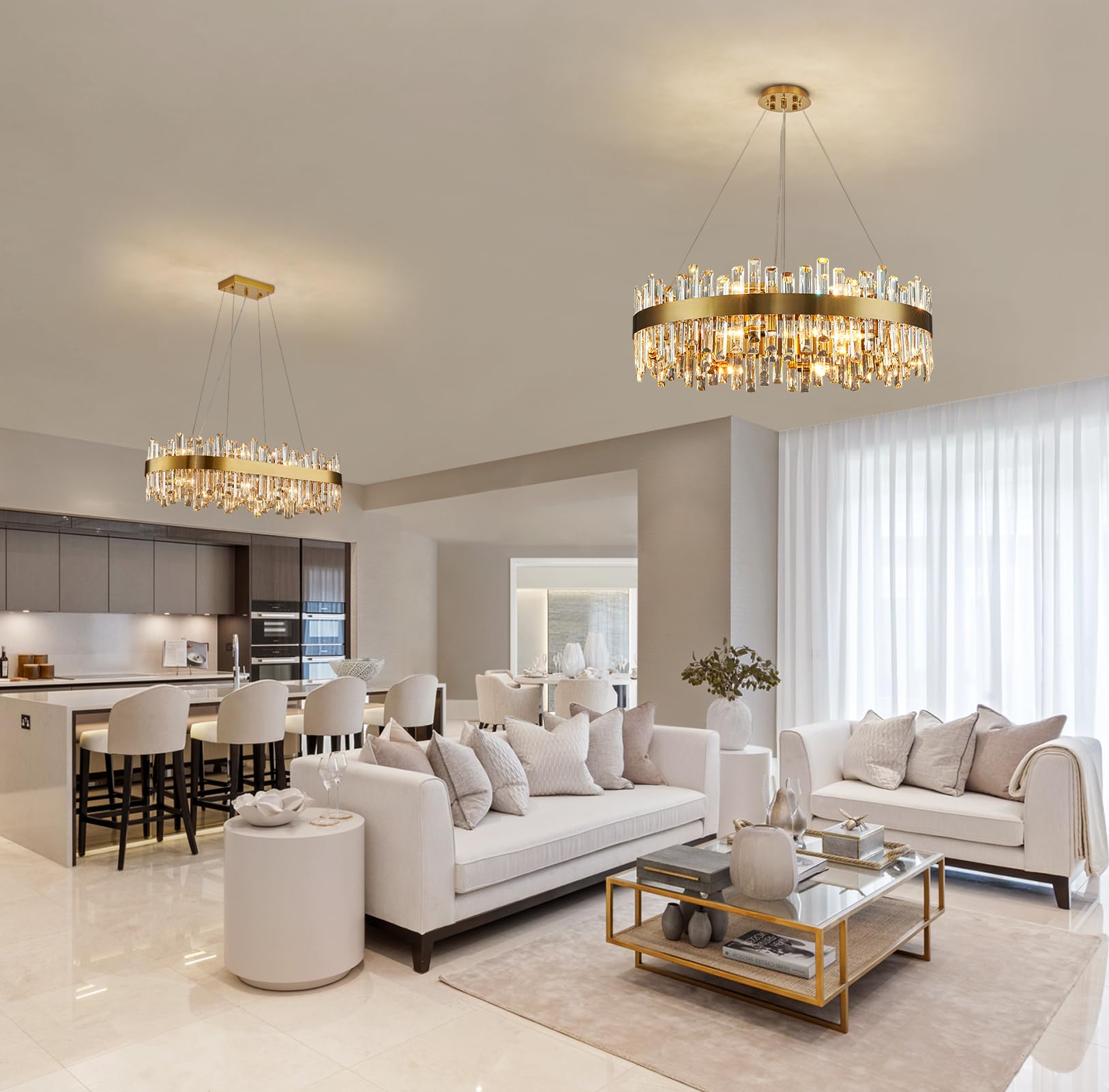 Siljoy Modern Crystal Chandelier 16 Lights Brass Gold Round D31.5in  Clear K9 Crystal Semi Flush Mount for Dining Living Room Bedroom