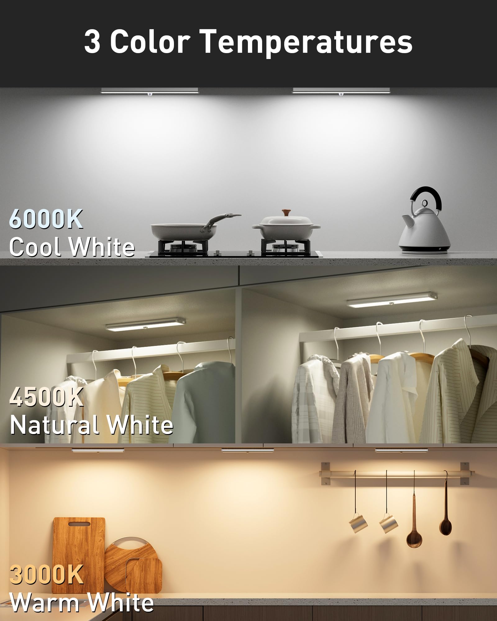 SZOKLED Under Cabinet Lighting - Wireless Rechargeable LED Light Bar, 20 LEDs, White, Perfect for Kitchen, Closet, 6 Pack