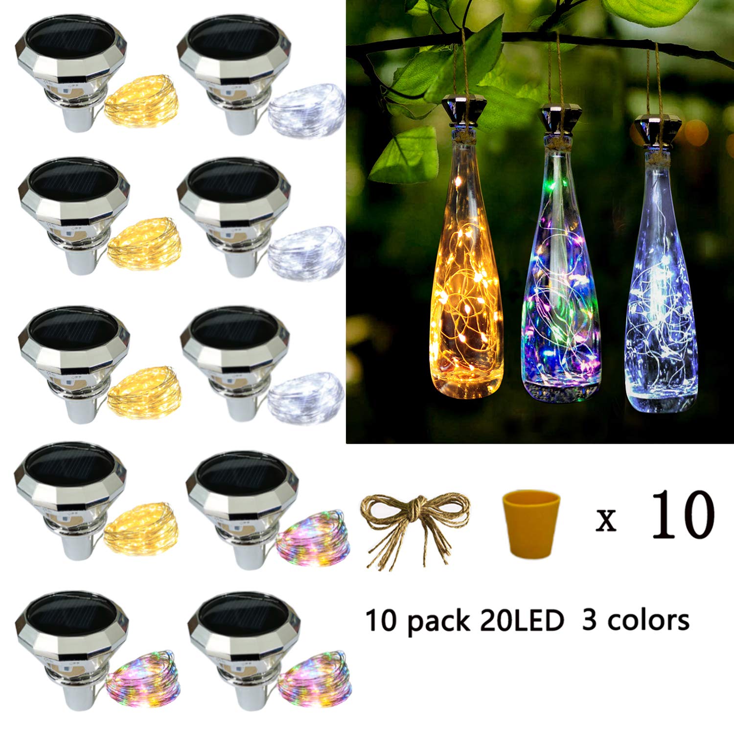 Starry Love Solar Diamond Wine Bottle Lights 10 Pack 20Led Outdoor Waterproof Multicolor Fairy Light String (3 Colors), Suitable For Most Wine Bottle Mouths, For Garden, Terrace, Party Decoration