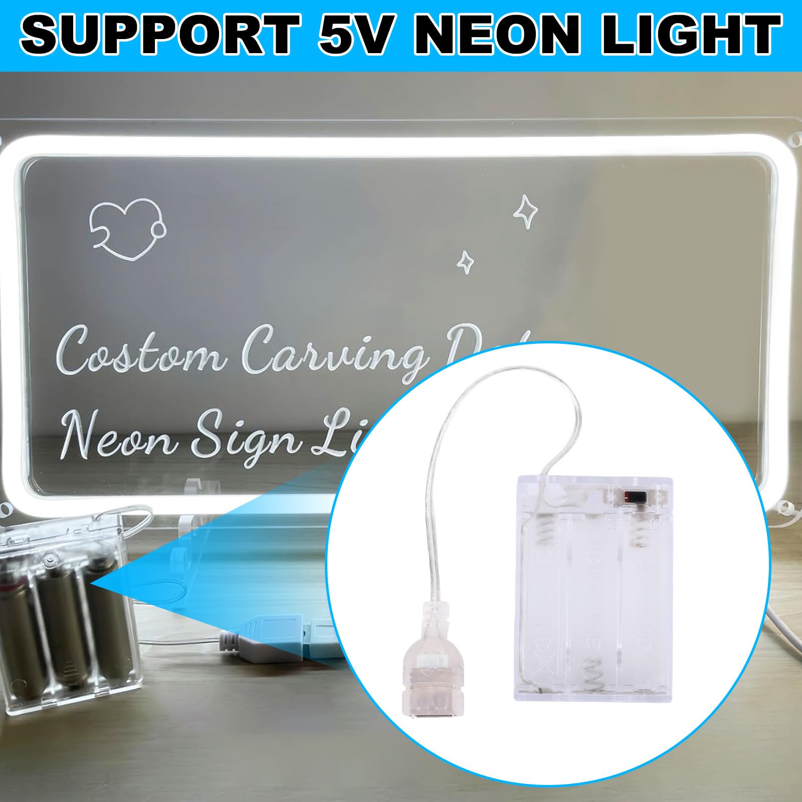 Portable Battery Pack For 5V Led Neon Sign, Power Supply Battery Box Converts Usb Neon Led Lights To Battery-Operated For Indoor