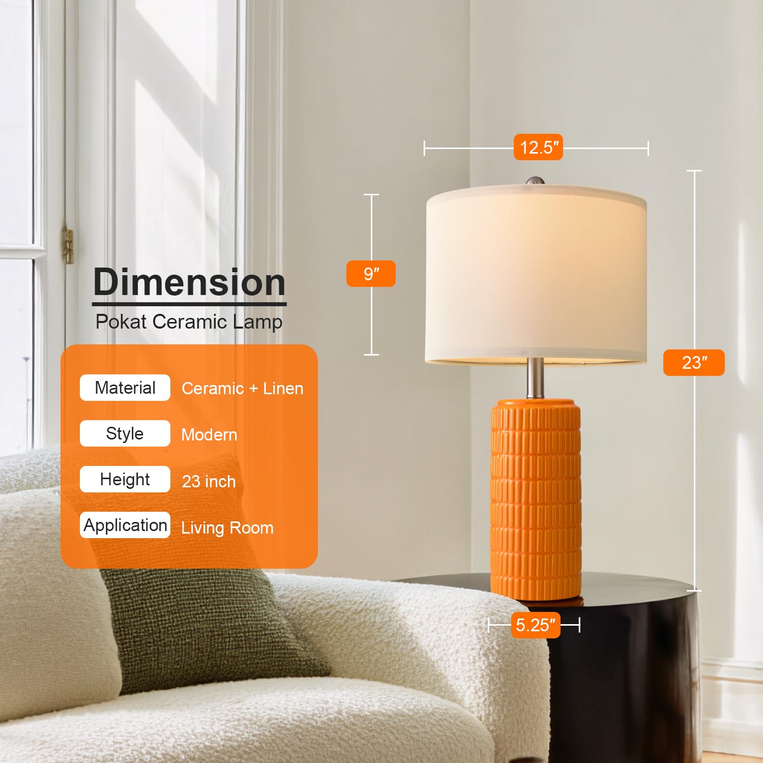 PoKat Ceramic Table Lamps Set of 2, 23in Orange, Modern Design for Living Room and Bedroom, Model AMZ-T1102AC