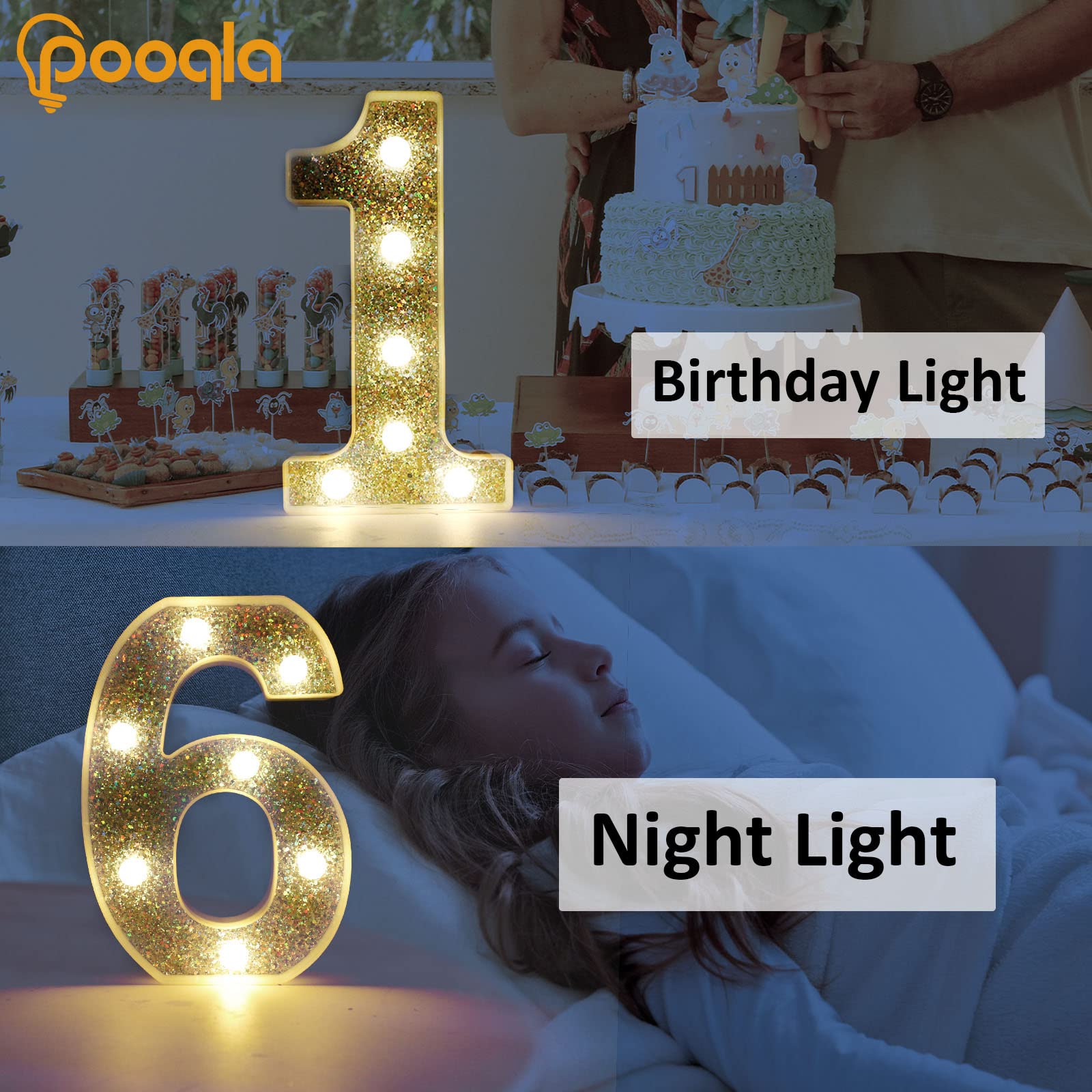 Pooqla Marquee Light up Numbers, Lighted Numbers for 1st Birthday Decorations, Night Light Battery Powered for Silver Party Deco