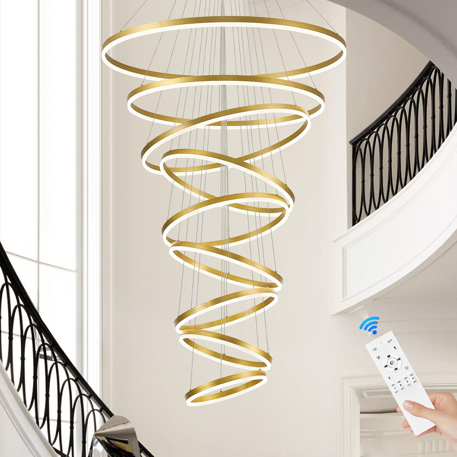 Sparklelf LED Chandelier, Dimmable Modern Design, 9 Rings, 39.4in, Gold, Remote Control, 3000K-6500K for Entryway and Living