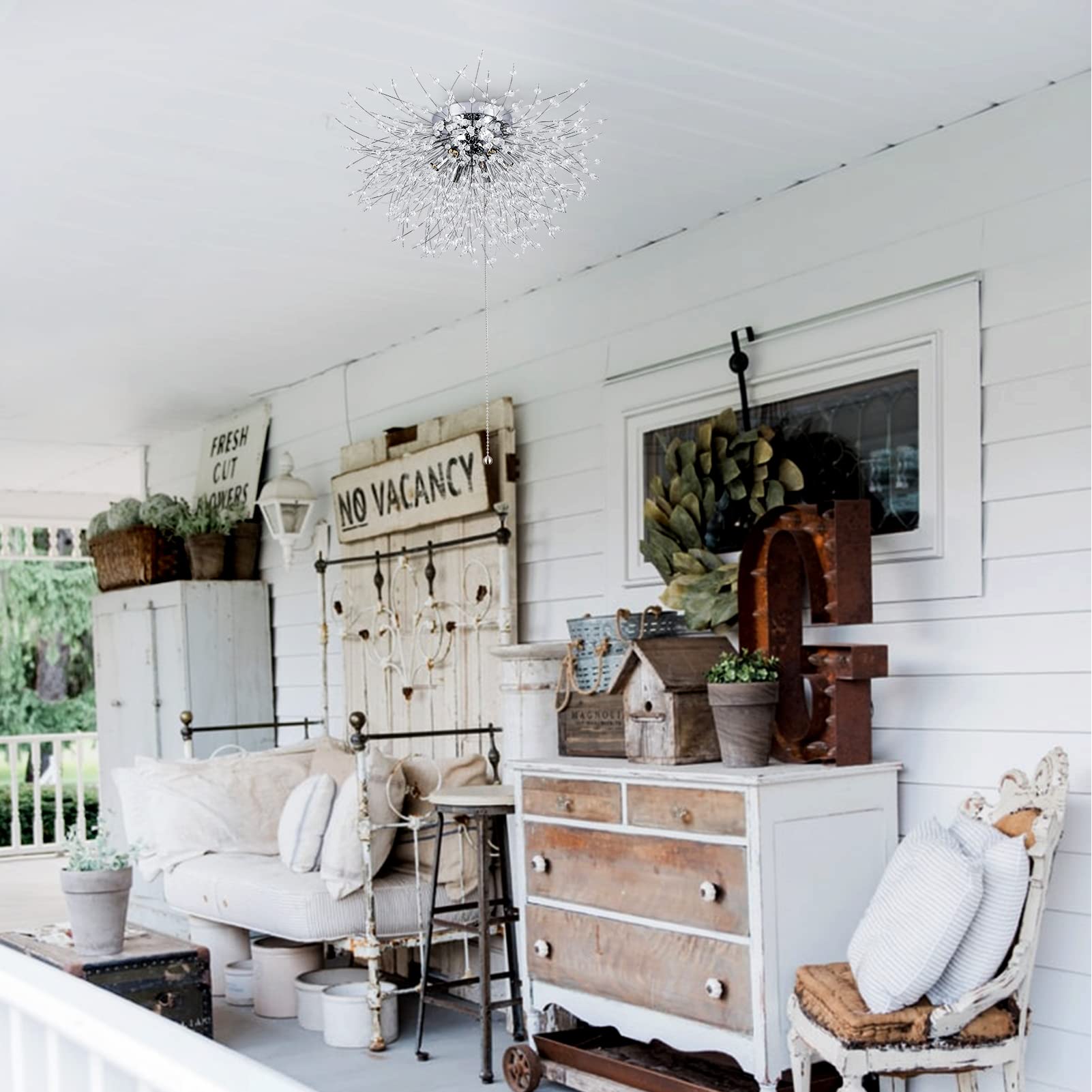 Hmvpl Crystal Flush Mount Ceiling Light Fixture With Pull Chain On/Off Switch, Led Close To Ceiling Lamp, Pull Chain Light Fixtu