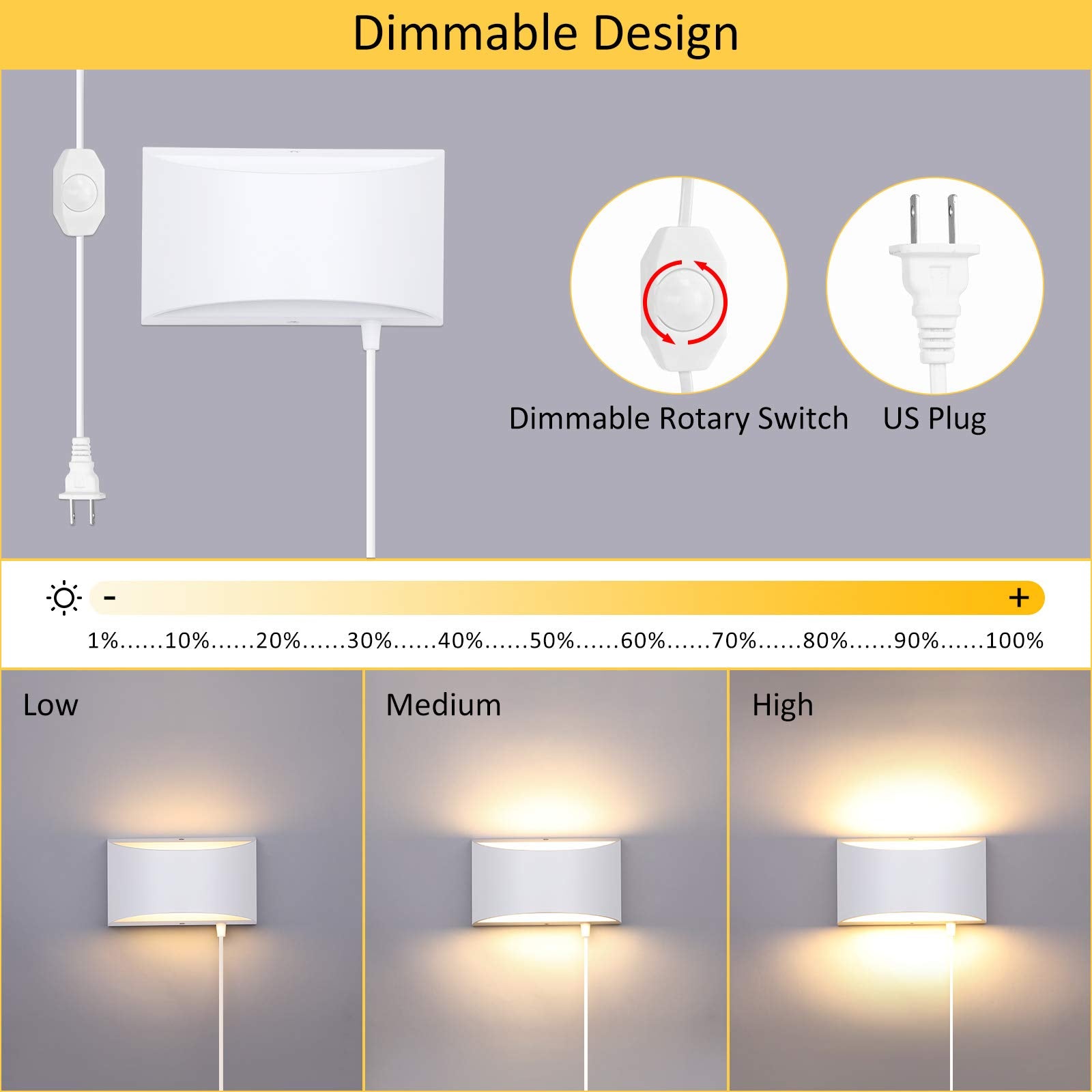 Lightess Plug In Wall Sconces 12W Modern Led Wall Light Dimmable Indoor Up Down Wall Lamp For Bedroom Living Room Hallway Stairc
