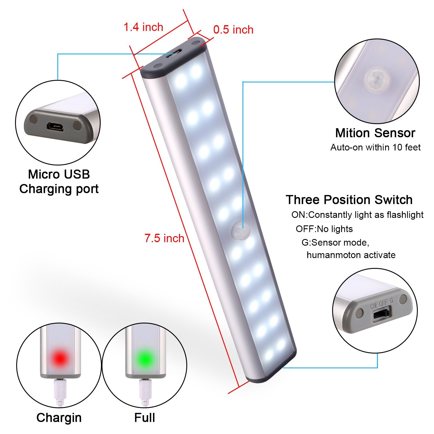 Stick-On Anywhere Portable Closet Lights Wireless 20 Led Under Cabinet Lighting Motion Sensor Activated Build in Rechargeable Ba