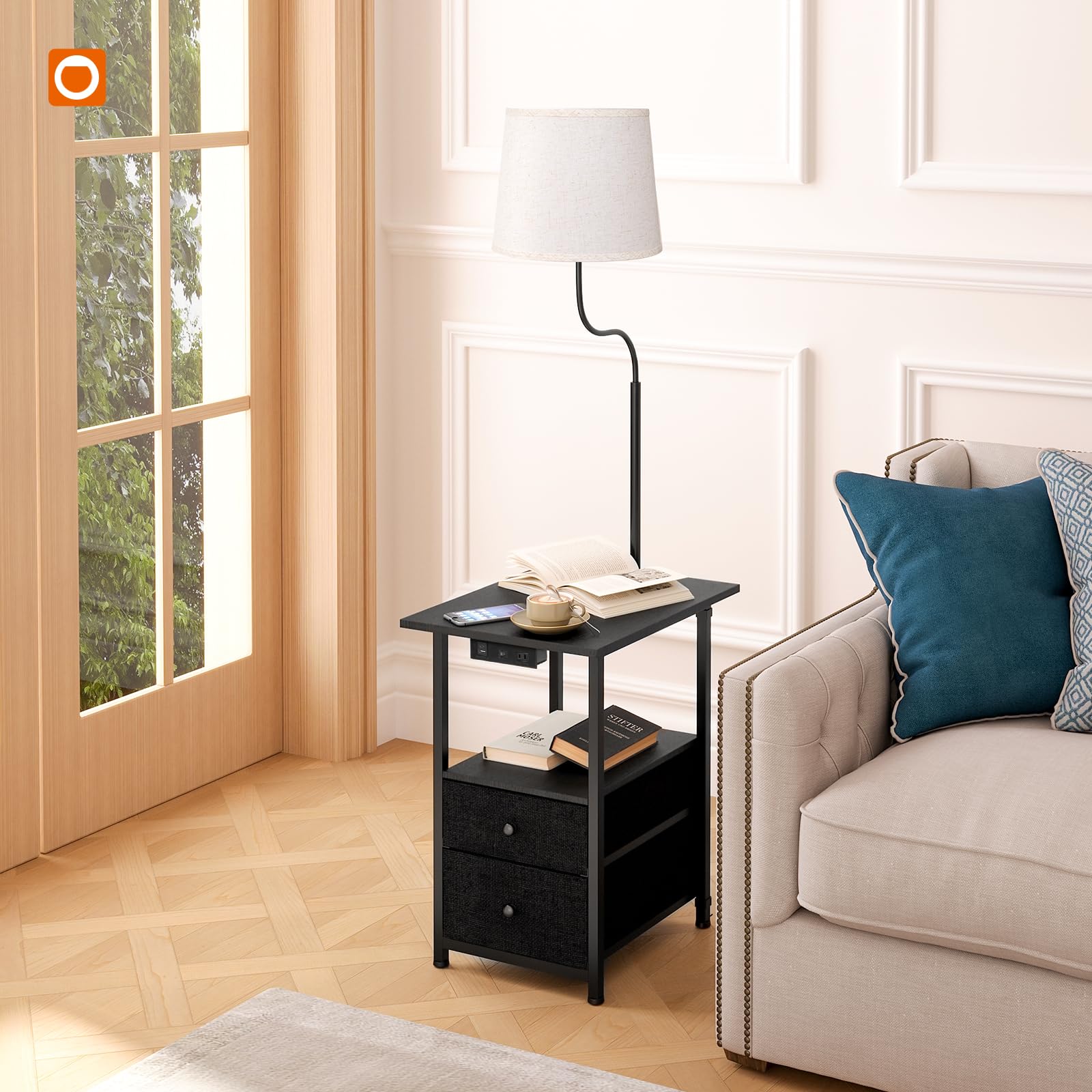 addlon Floor Lamp with Side Table, 3 Color Temperatures, Black, Model PFL-009A, Nightstand with Charging Station for Living Room