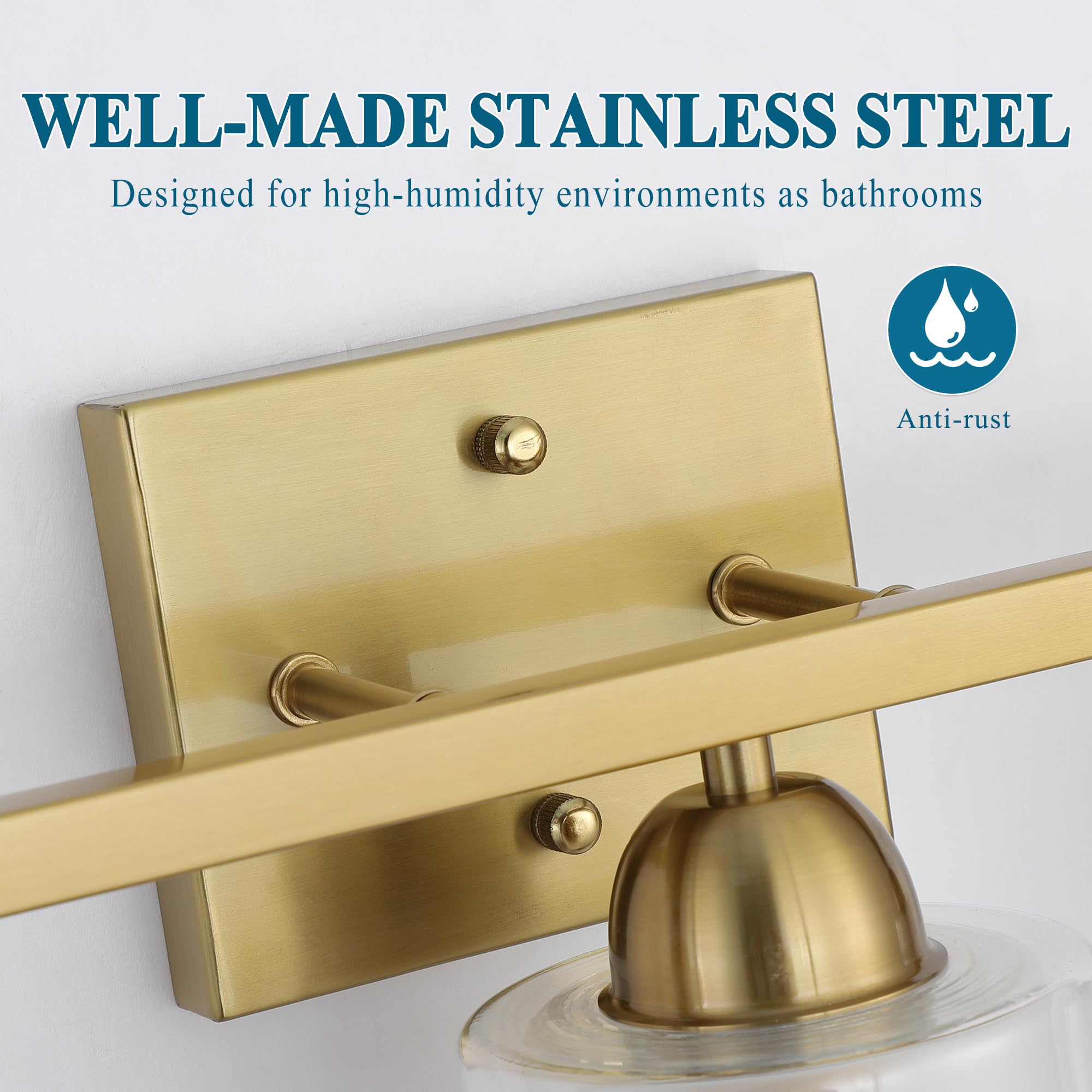 Mecgirn Stainless Steel Bathroom Vanity Light, 3 Light Brushed Gold, Milk & Clear Glass Shades, Model B0007-3-Gold
