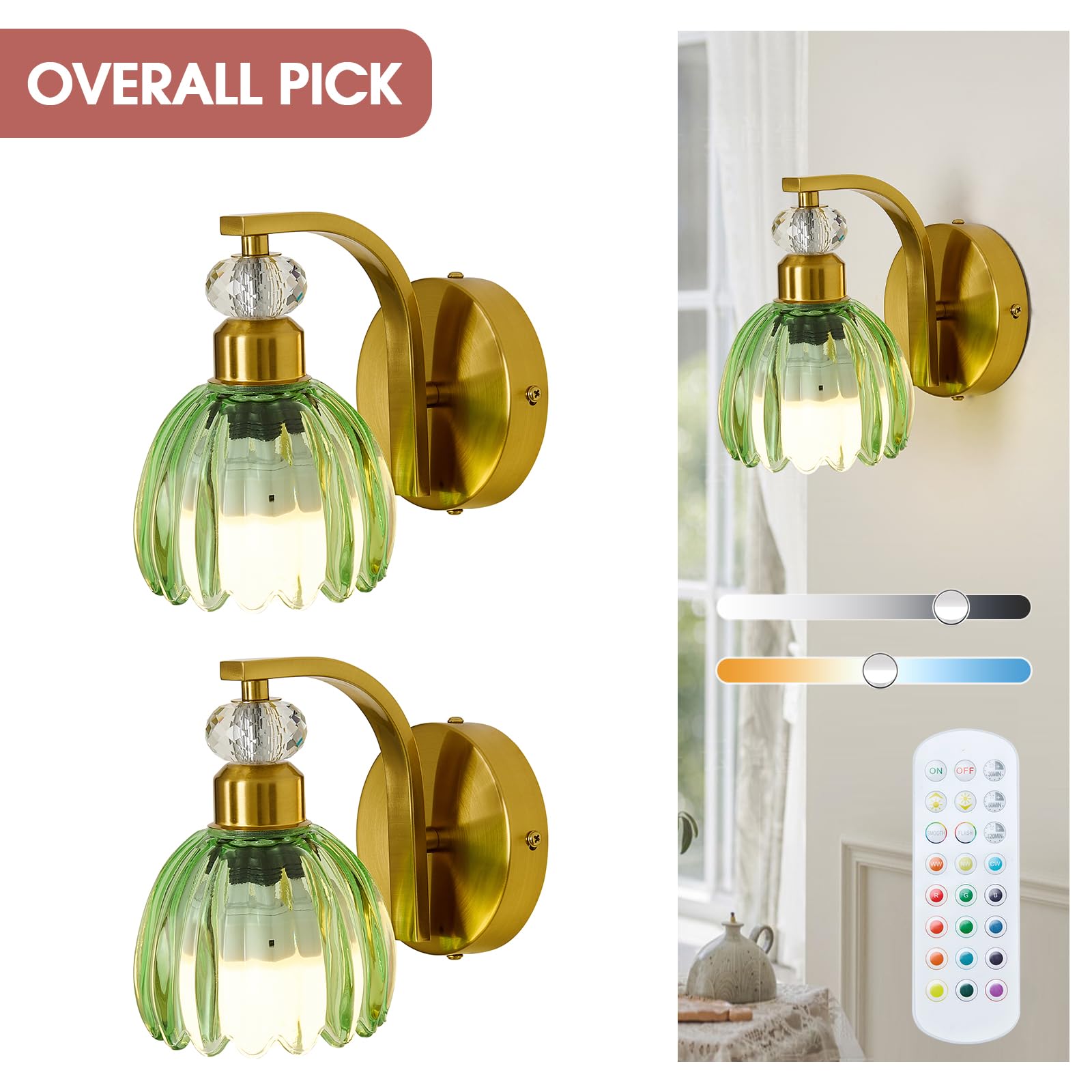 Qgiytp Vintage Gold Wall Sconce Set of 2, Dimmable, Rechargeable with Green Tulip Glass Lampshade, Iron, Model U-3063