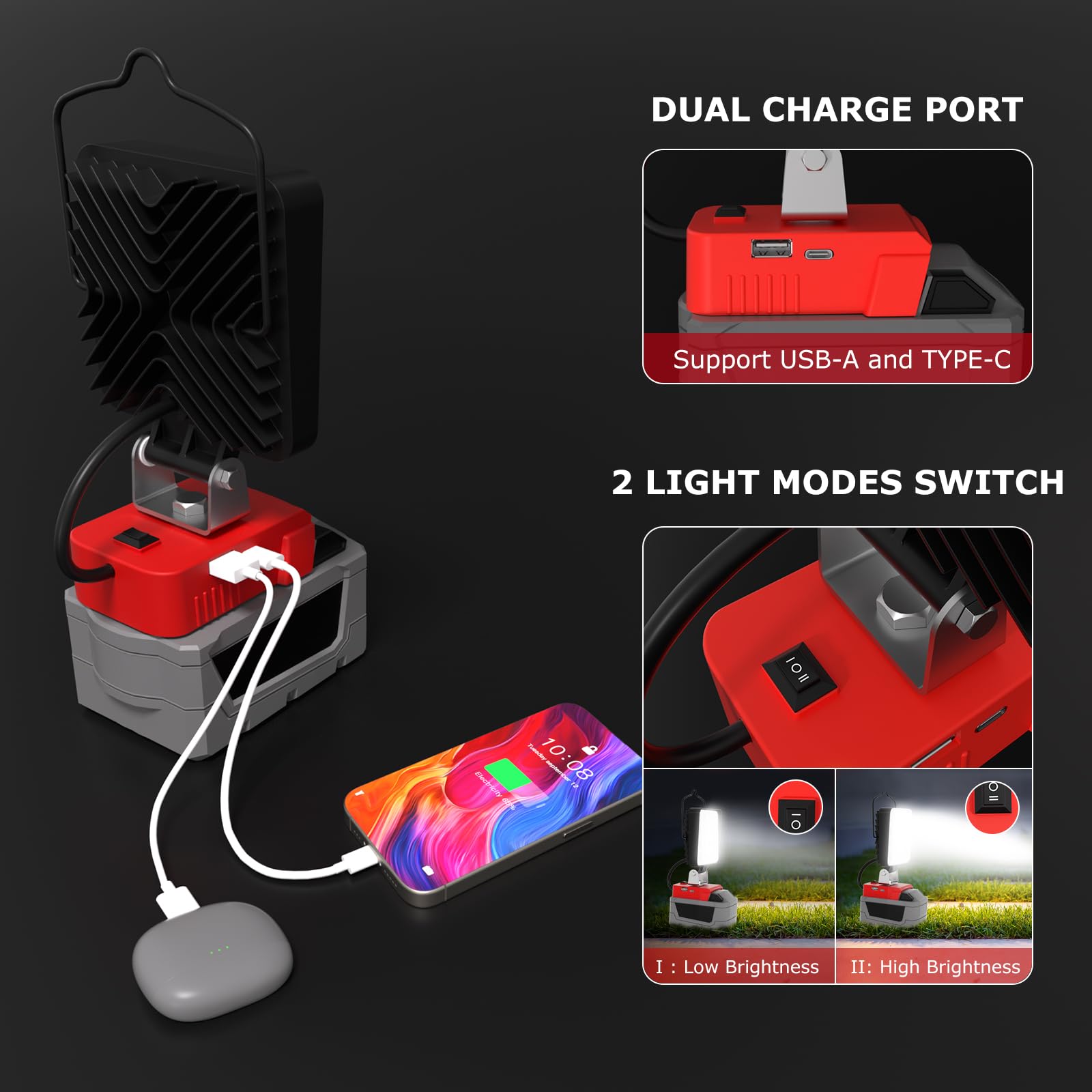 2 Pcs Cordless Led Work Light For Milwaukee M18 18V Battery, 90W 10000Lm Battery Light For Milwaukee 18V Tools, Portable Outdoor
