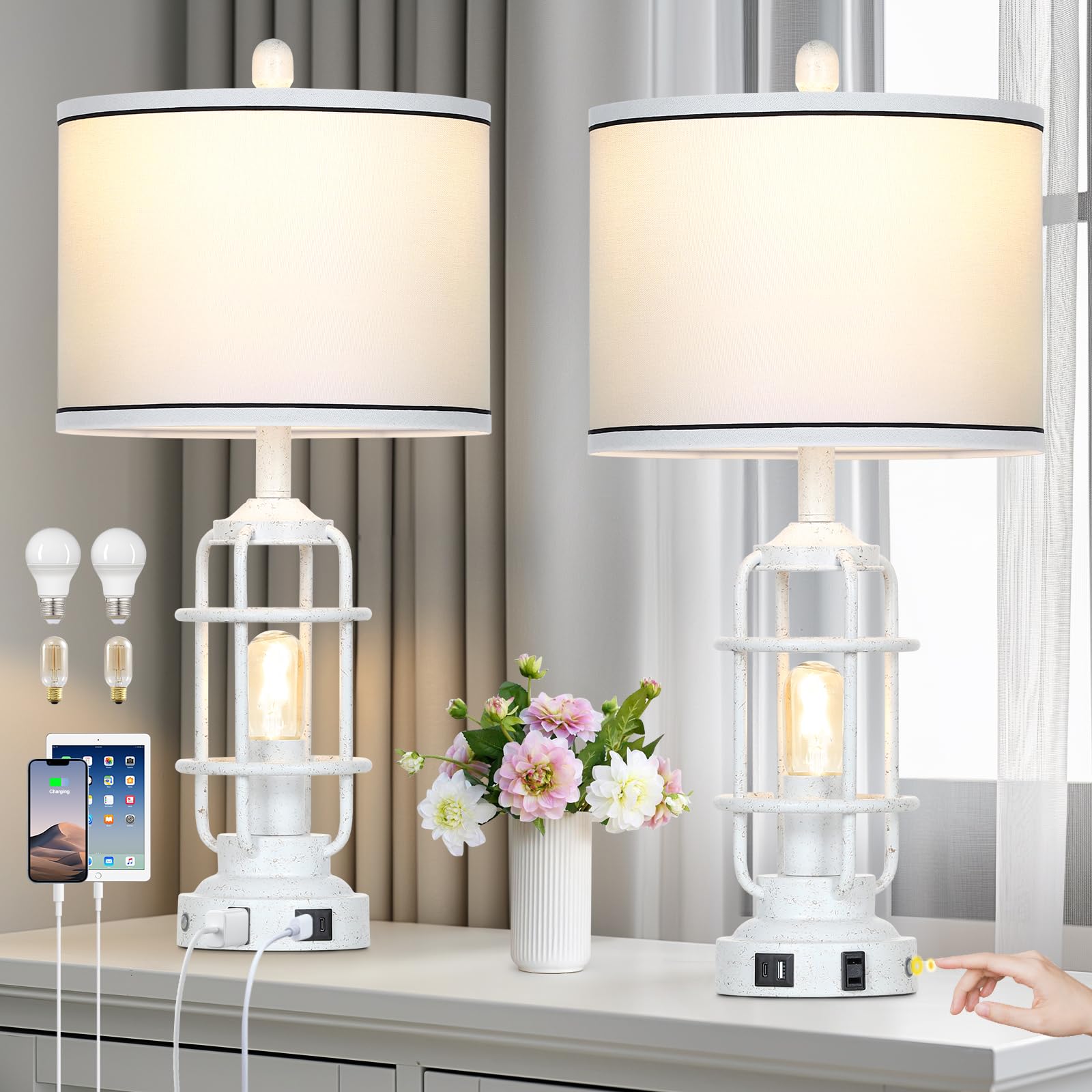 Farmhouse Industrial Lamps With Usb A+C Charging Ports & Ac Outlet, 3 Way Dimmable Touch Control Vintage Rustic Table Lamps For 