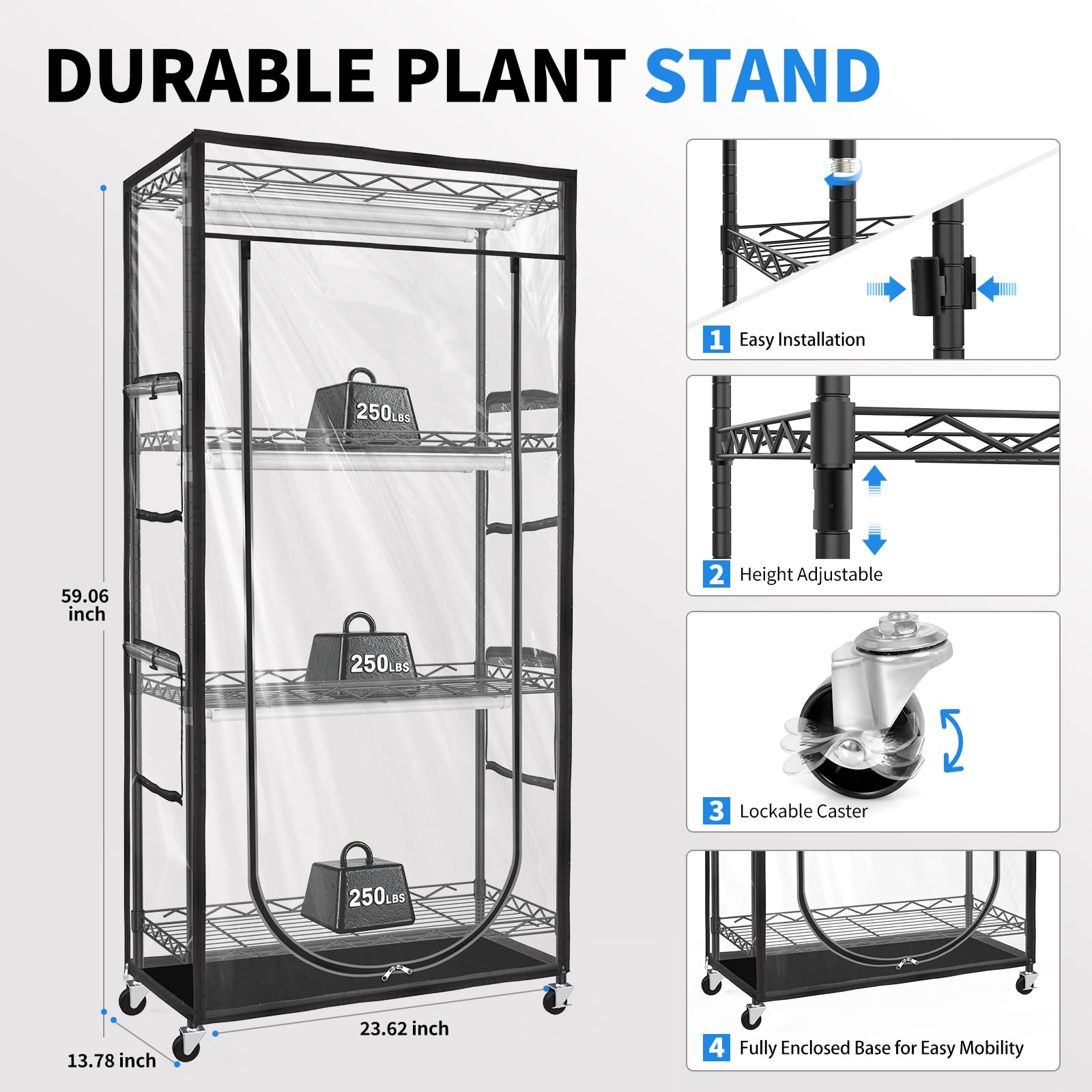 JESLED Indoor Greenhouse with Grow Light, 5000K LED, 23.6x13.8x59in, Black, Model JD0519BB, Built-in Timer & Therm