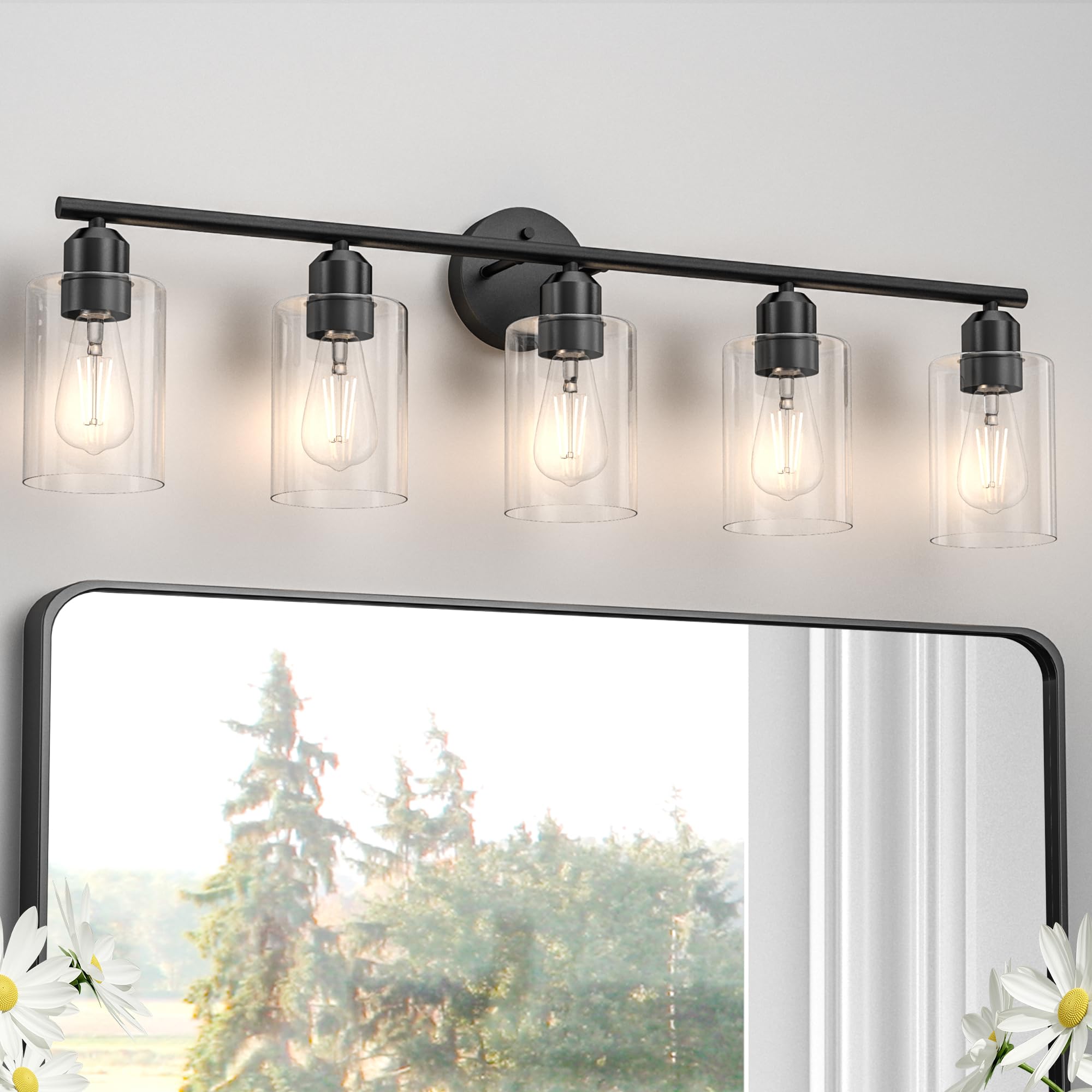 Espird Bathroom Vanity Light Fixture, 5 Lights, Matte Black, Metal, Model L01-5-BK, Modern Wall Sconces with Glass Shades