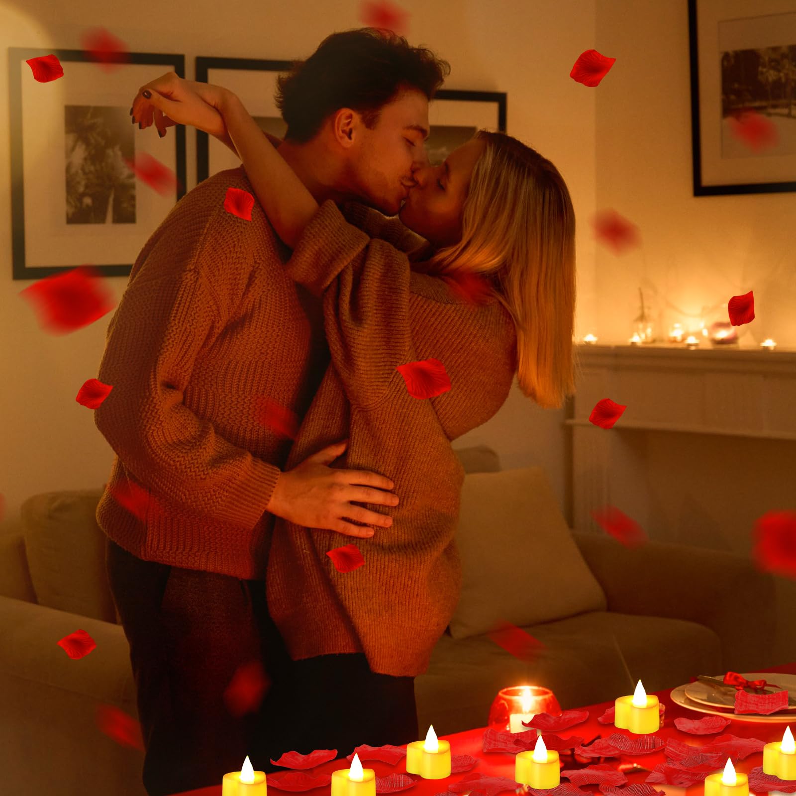 Vihose 4000 Pcs Artificial Rose Petals With 24 Pcs Led Tea Lights Candles Flameless Led Candles Fake Rose Petals For Valentine'S Night Proposal Wedding(Yellow Light, Red Petals)