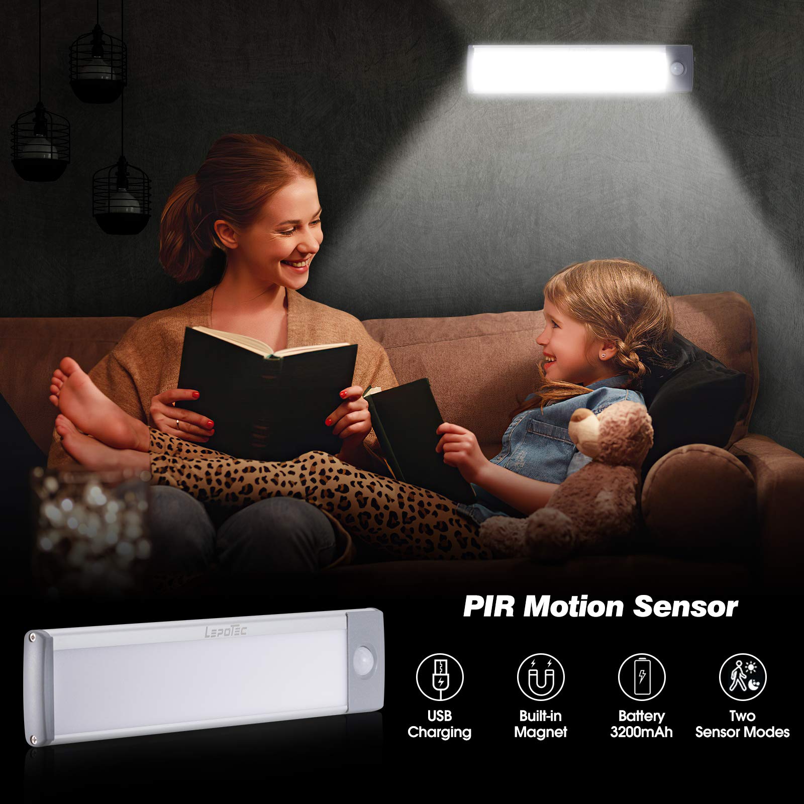 LEPOTEC LED Motion Sensor Closet Light, 30 LEDs, Battery Operated, 7.8'', Silver-White Light (2 Pack)