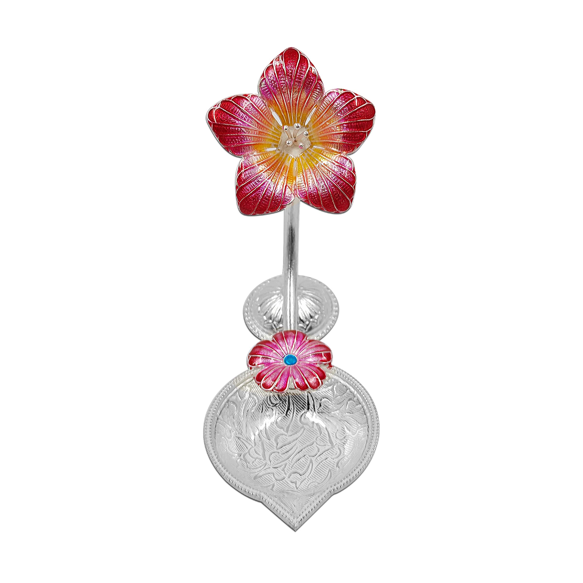 MAA SILVER Pure Silver Diya/Lamp/Deepak with Red Hibiscus/Jaswanti Flower Design Perfect for Gift and Pooja Use (65 Purity)(27 G