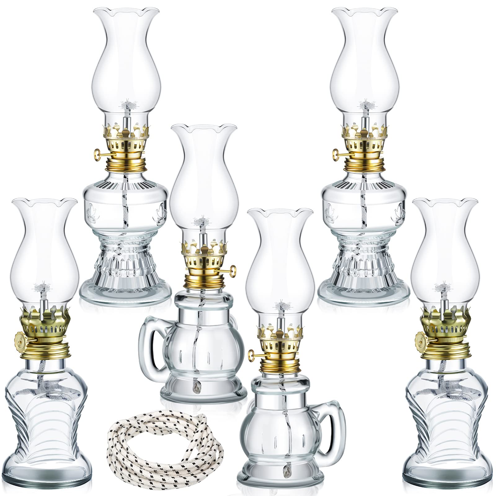 Yexiya 6 Pcs Oil Lamp Vintage Glass Kerosene Lamp Rustic Lantern Chamber Oil Lamps Clear Kerosene Lamp Hurricane Lamp with 6.6 ft Extra Wick for Indoor Use Home Decor Emergency (Classic Style)