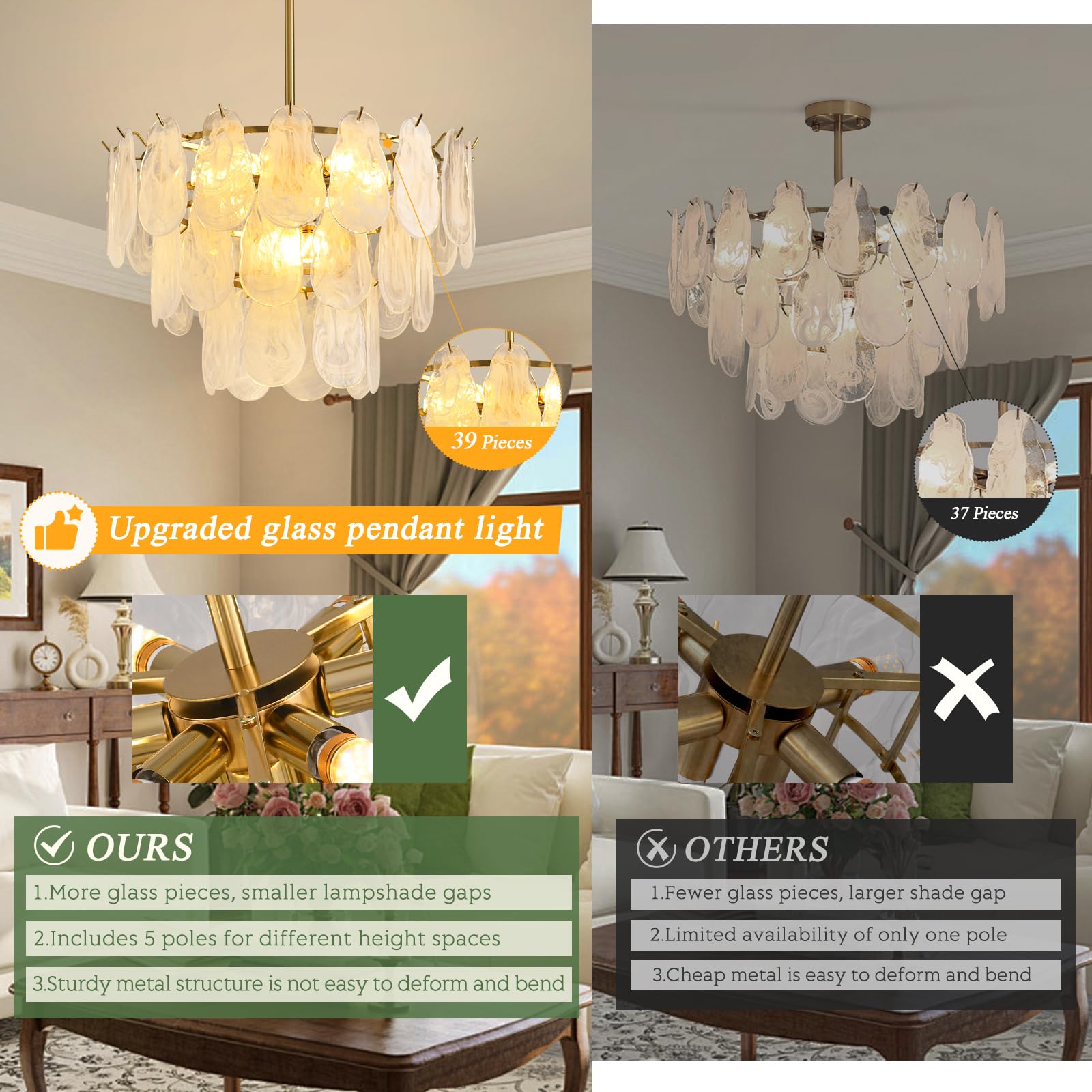 KELUOLY Modern Gold Chandelier, 23.6" Glass Pendant Light, 9-Light Crystal Fixture for Living Room, Bedroom, Dining Room (Model LW1006-J60)