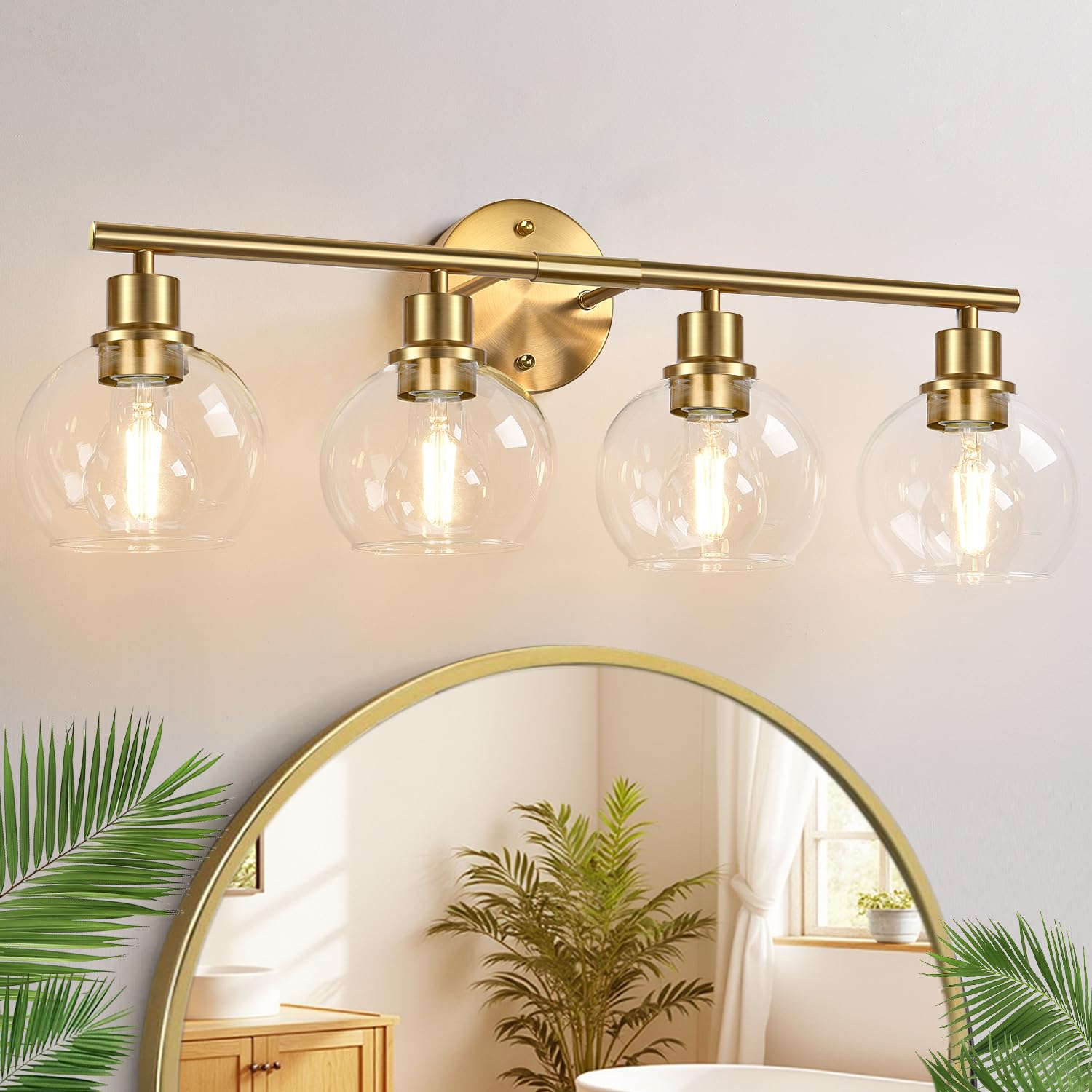 4-Light Bathroom Light Fixtures 2024 Upgrade, Gold Modern Vanity Lights Over Mirror With Clear Glass Globe Shade, Bathroom Wall