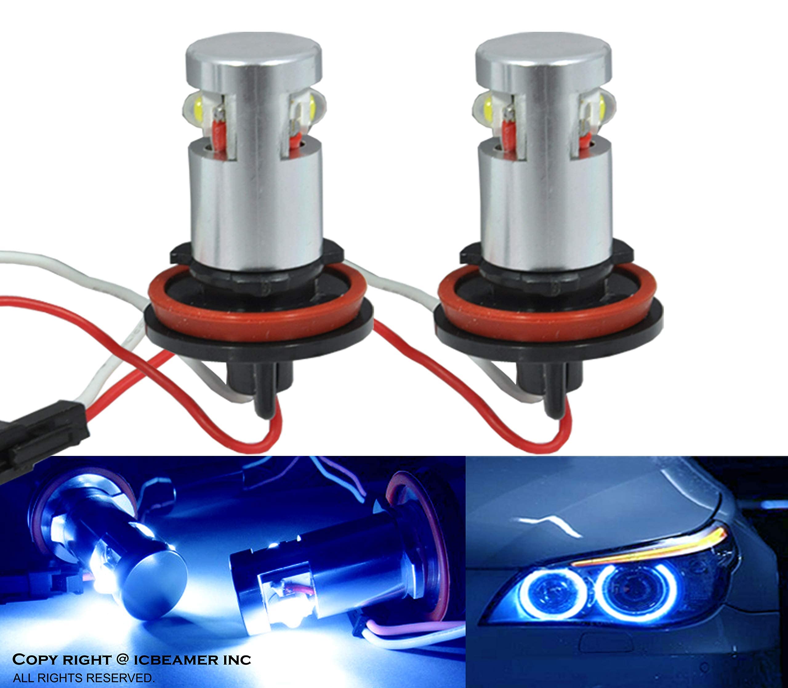 ICBEAMER Fit BMW Angel Eye Halo Ring E92 H8 H11 High Power LED 10000K White Replacement Blue Light Bulbs [Pack of 2 pcs]