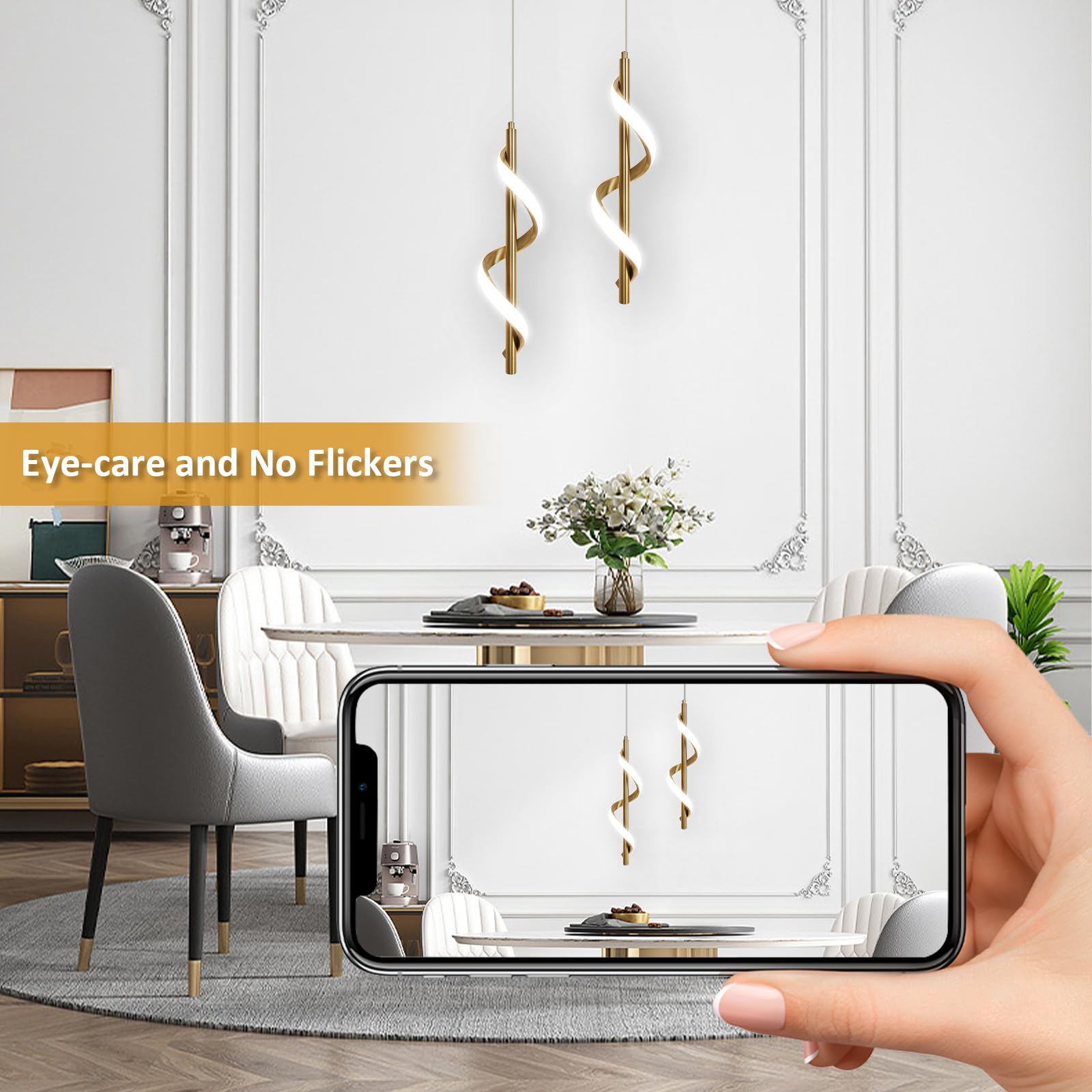 Caneoe Gold Pendant Light, Spiral Modern Led Pendant Lighting For Kitchen Island, 5500K Brushed Brass Ceiling Hanging Light Fixt