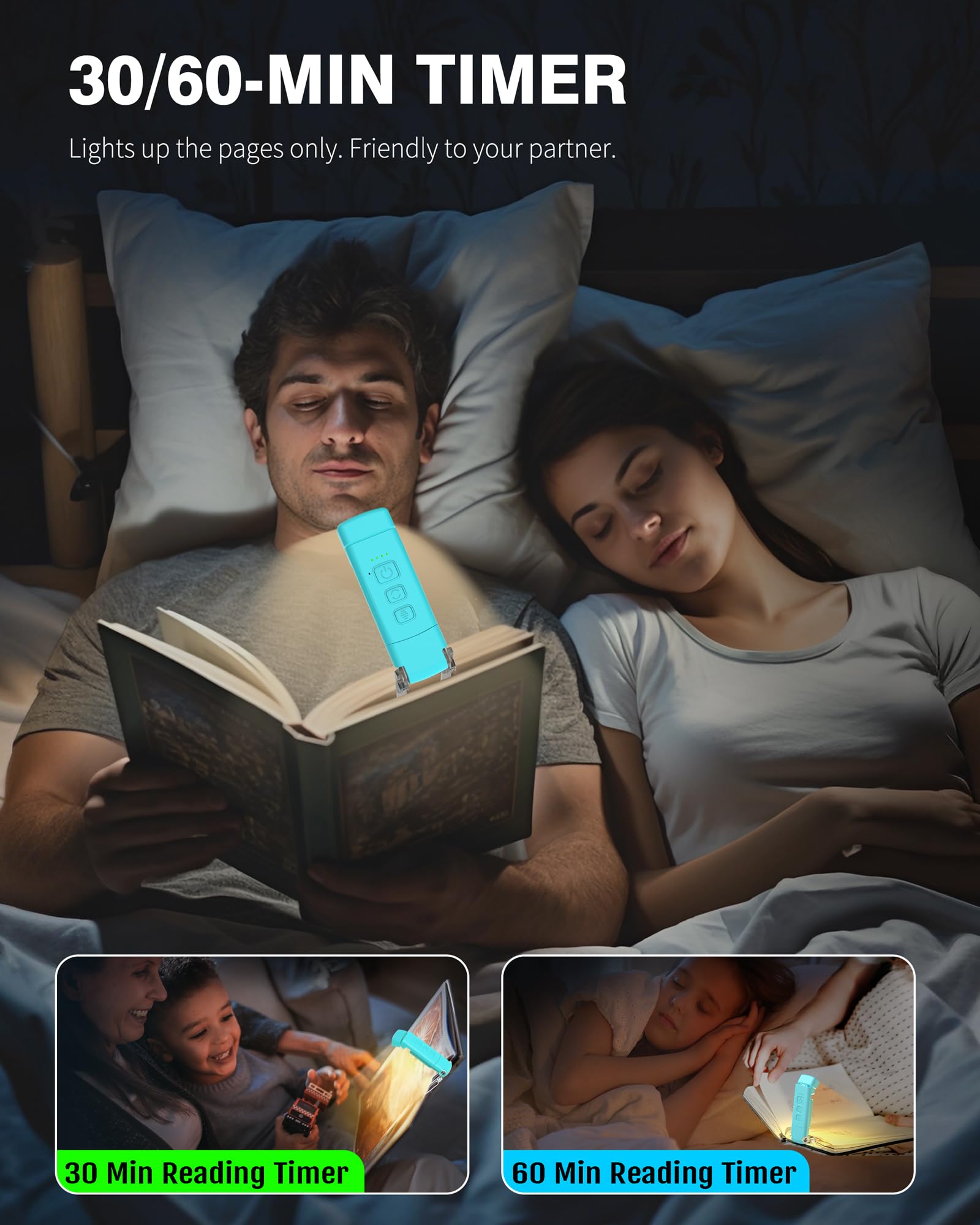 Usb Rechargeable Book Light For Reading In Bed, Portable Clip-On Led Reading Light, 30/60-Min Timer, 3 Amber Colors, 5 Brightnes