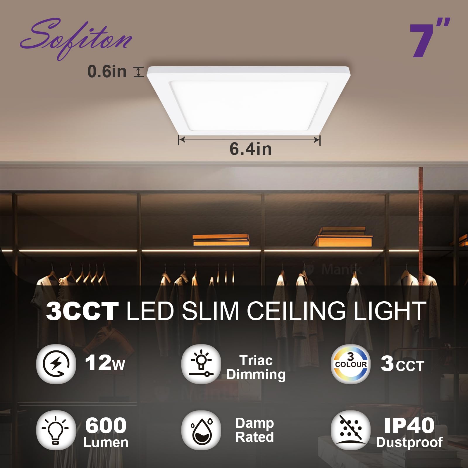 Sofiton 7 In. New-Ultra-Low Profile Edgelit Integrated Led 5Cct Selectable Flush Mount Light Surface Mount Light, White,4Pack