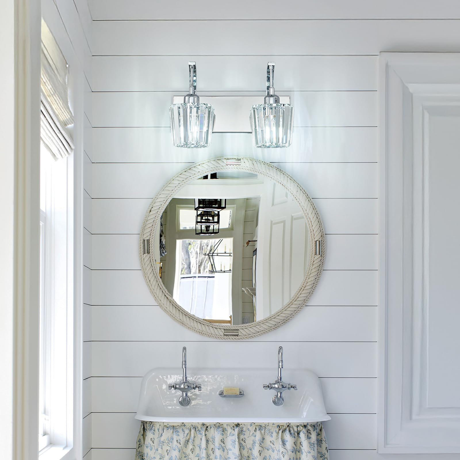 Fdpby Modern Bathroom Vanity Light  2-Light Chrome Wall Sconce With Crystal Accents  Over Mirror Bathroom Lighting Fixture  13.77 Long Dimmable Vanity Lamp For Makeup  Easy Installation