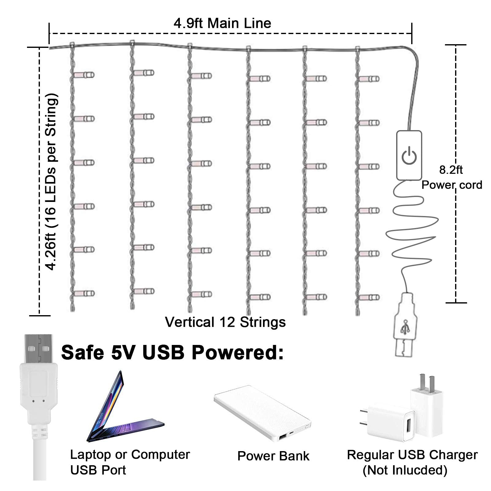 CoziTech Rainbow Fairy String Curtain Lights with Dimmer Switch, LED Icicle Lights for Kids & Teen Rooms, Model CT-RB0505-D
