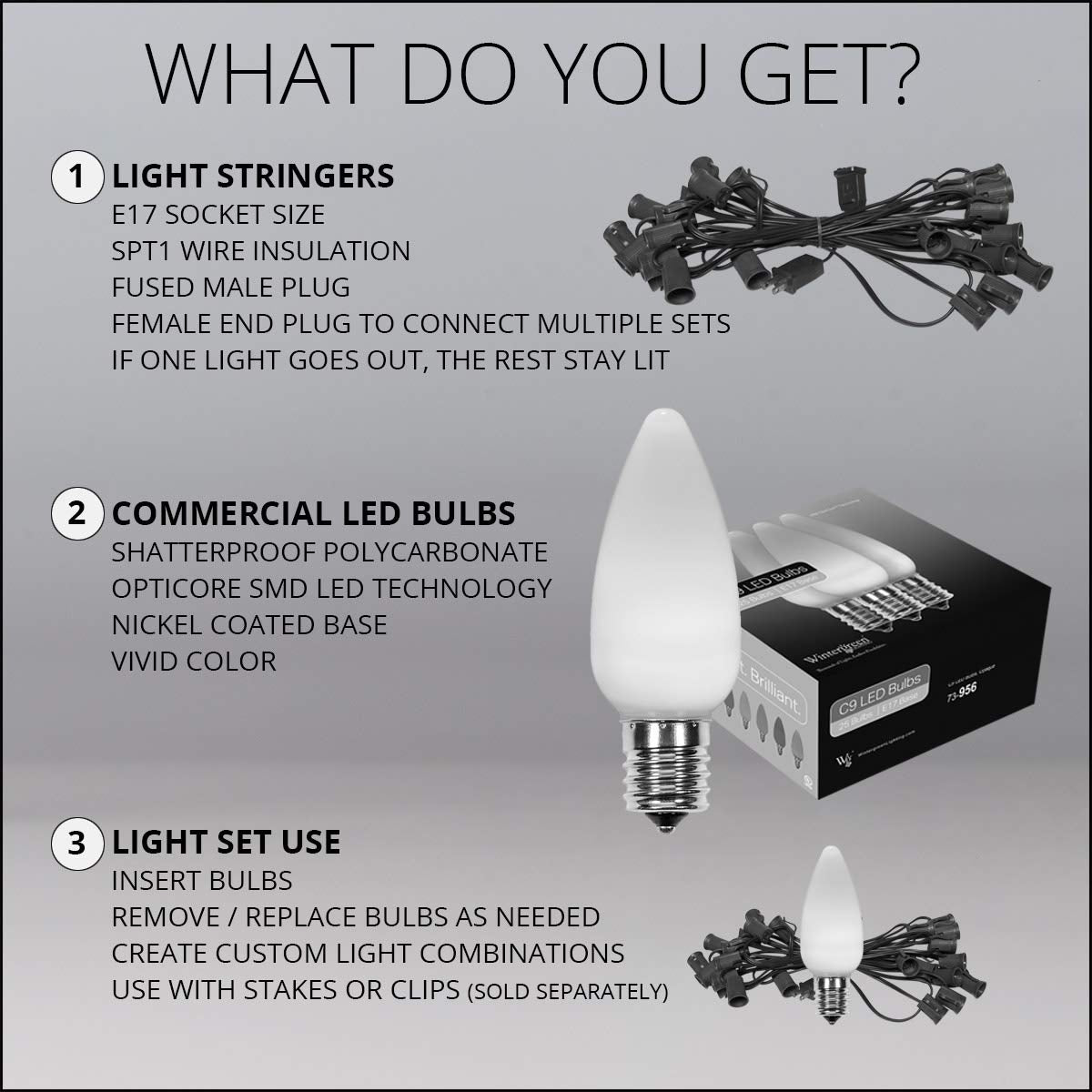 Wintergreen Lighting C9 OptiCore LED Christmas String Lights, 25 ft, 25 Lights, Green Smooth/Opaque, Heavy Duty, Model 0840052168866