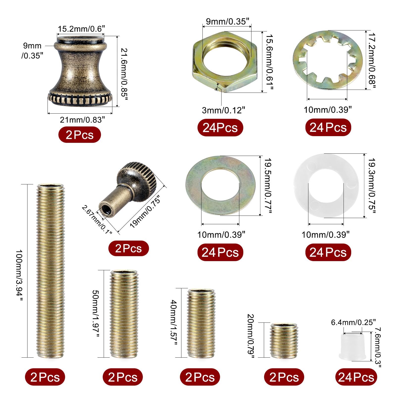 GooChan Lamp Repair Hardware Assortment - All Thread Pipe Kit with Nipples, Connectors, Switch Knobs & More - Bronze Color, Essential 132 Pieces